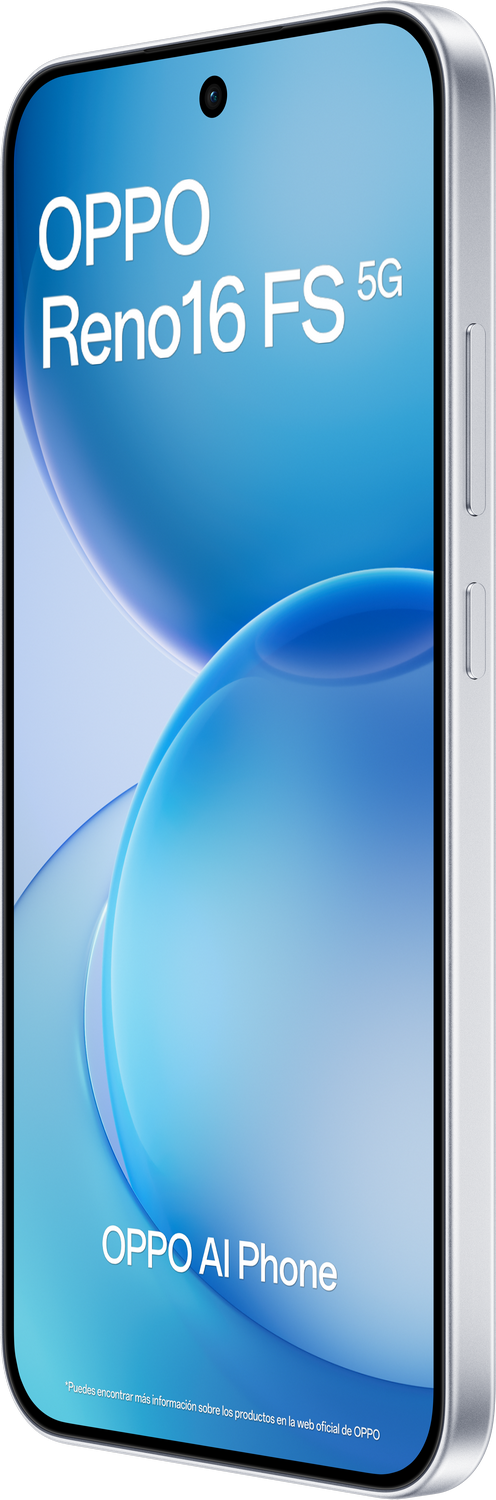 Un smartphone plateado OPPO Reno16 FS 5G con fondo gráfico azul.