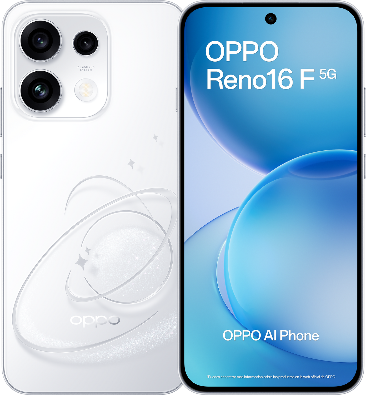 Un teléfono blanco OPPO Reno16 F 5G con sistema de cámara trasera y pantalla azul.