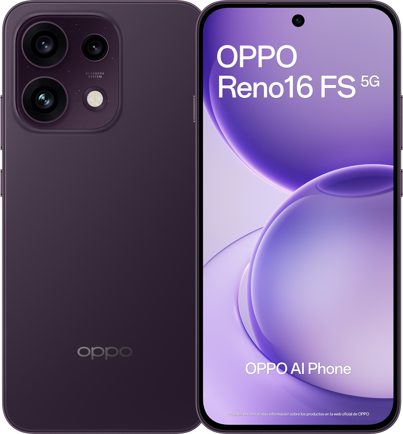 Un smartphone Oppo Reno16 FS 5G morado con sistema de cámara AI y logo.