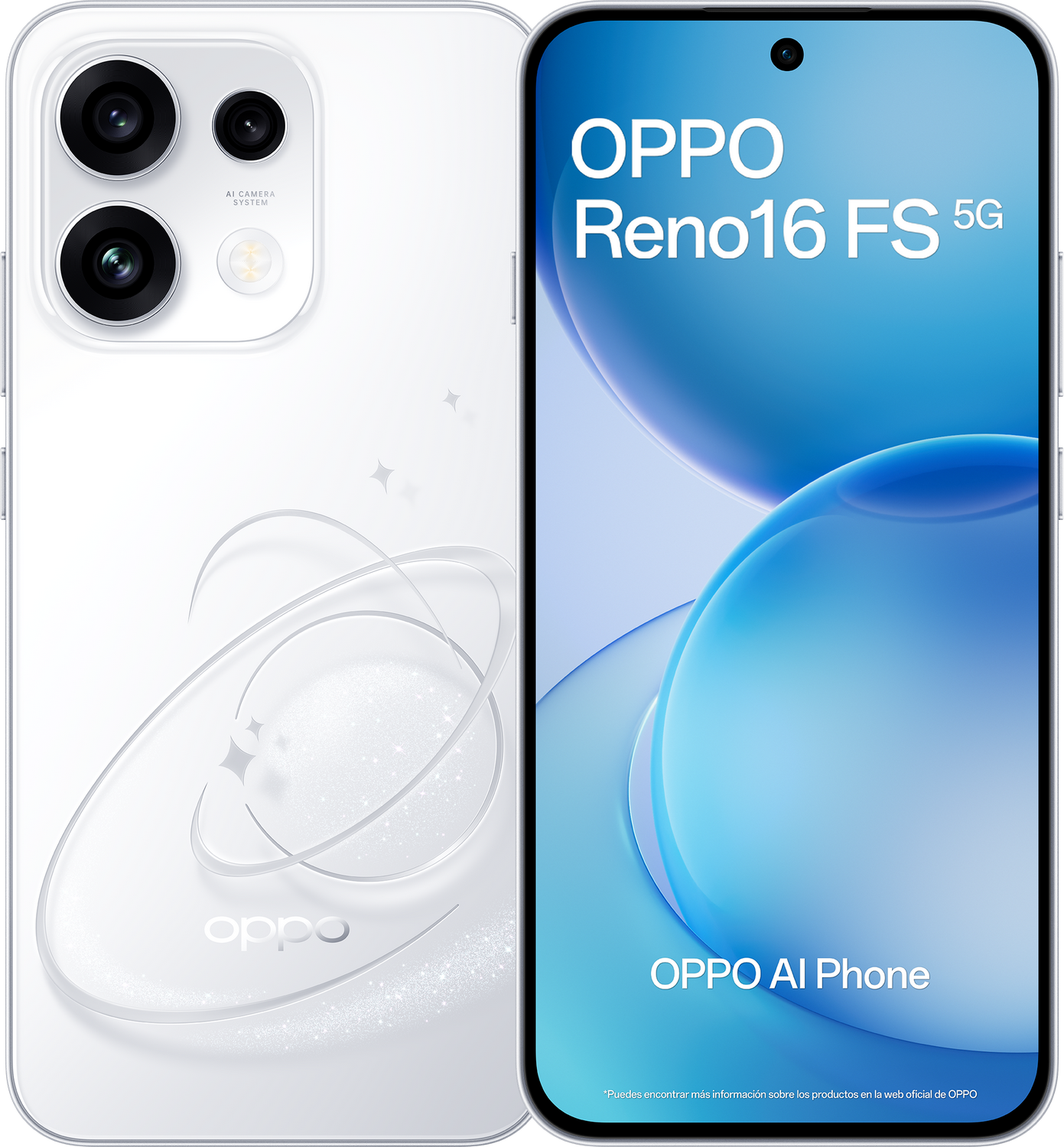 Teléfono blanco OPPO Reno16 FS 5G, vista frontal y trasera. Sistema de cámara IA atrás.