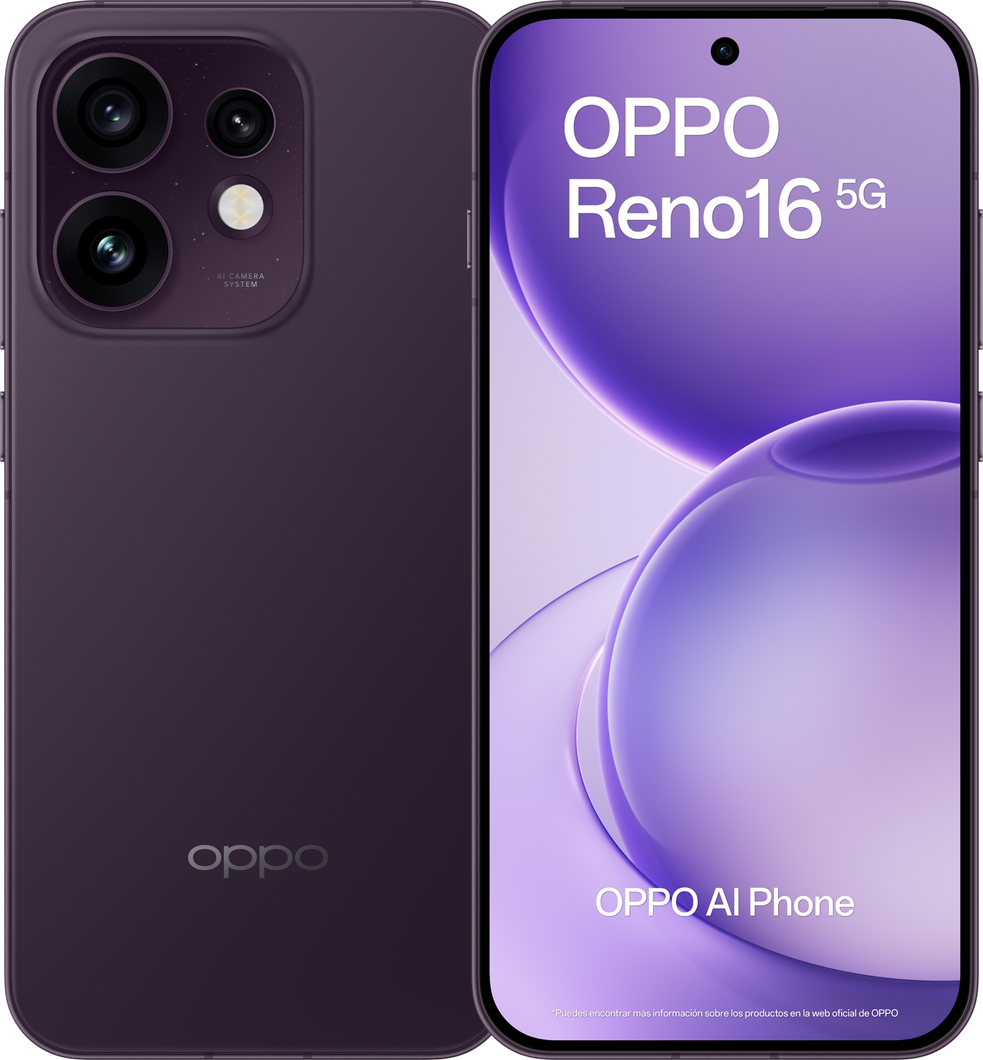 Smartphone OPPO Reno16 5G morado, parte trasera con cámaras, frontal con logo.