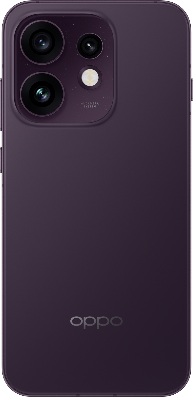 Teléfono OPPO morado con tres cámaras y flash. Logo abajo.