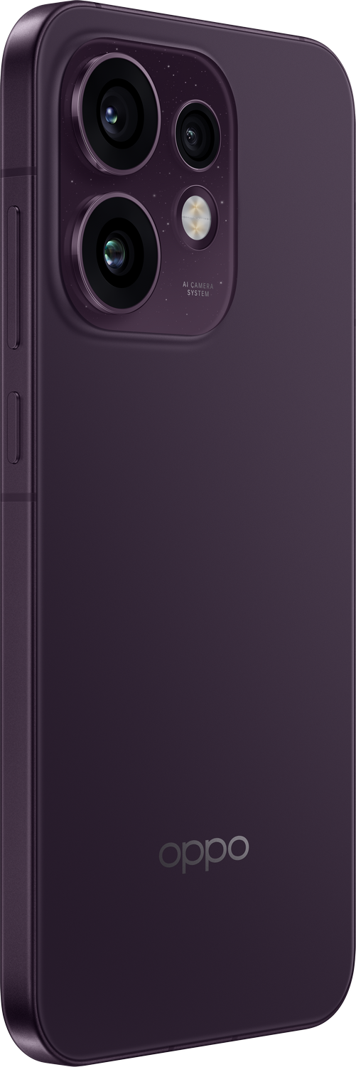 Reverso de smartphone OPPO morado con lentes de cámara y logo.