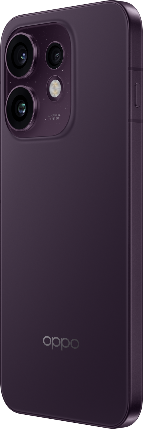 Teléfono Oppo morado, parte trasera con sistema de cámara y logo.