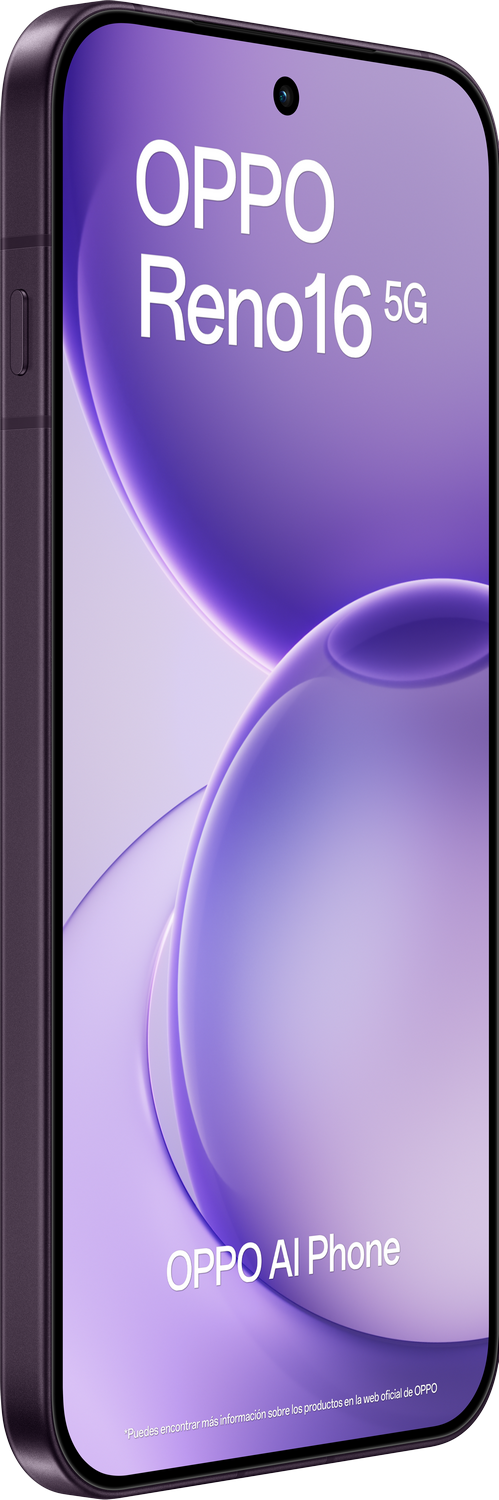 OPPO Reno16 5G morado con texto 'OPPO AI Phone' y cámara.