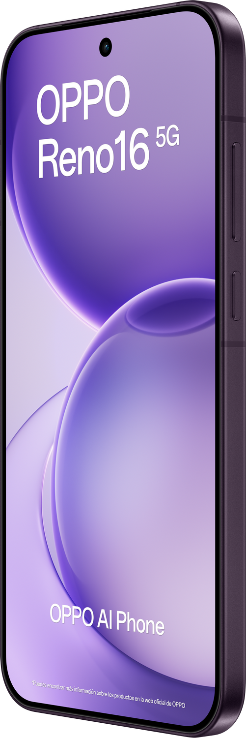 Smartphone OPPO Reno16 5G morado con texto 'OPPO AI Phone'.