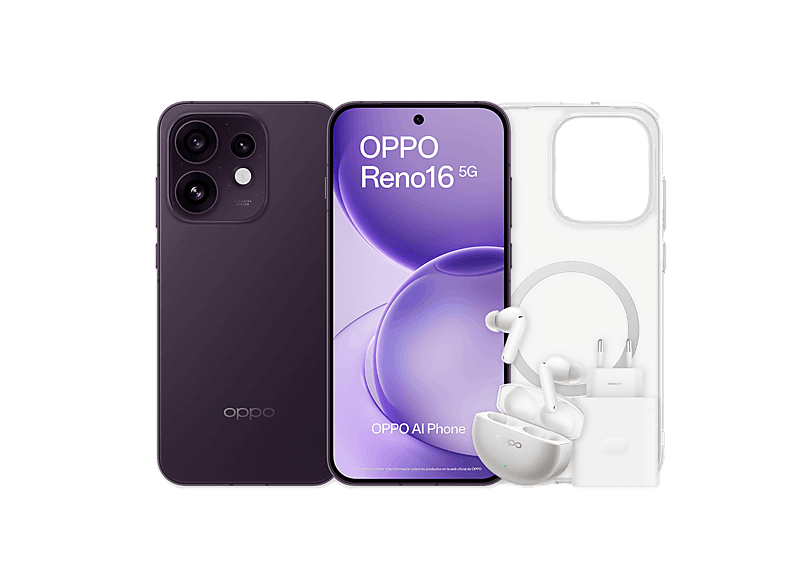 Móvil – OPPO Bundle Reno16, Púrpura Negro, 512GB, 8GB RAM, 6.32″ AMOLED, Qualcomm Snapdragon® 7 Gen 4, 6000mAh, Incluye Funda, Auriculares y Cargador