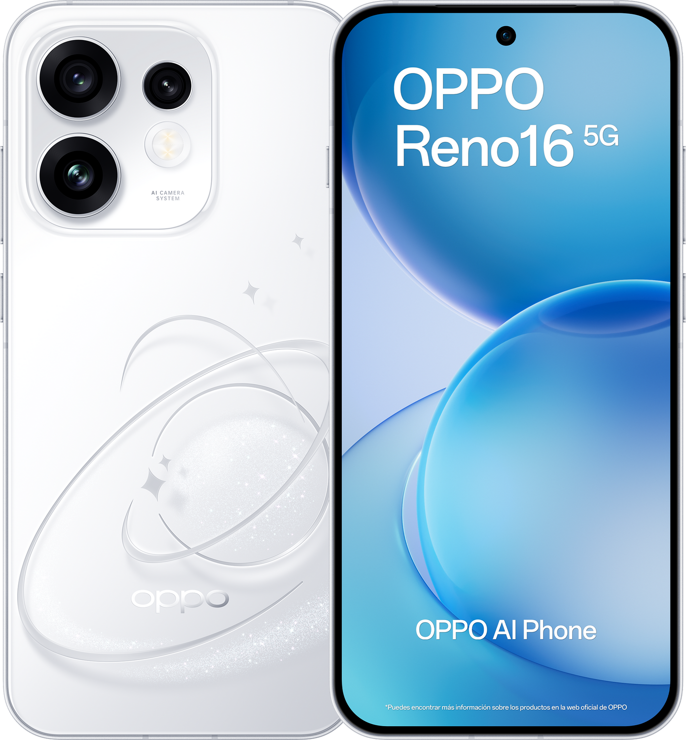 Teléfono blanco OPPO Reno16 5G con sistema de cámara IA y logo OPPO.