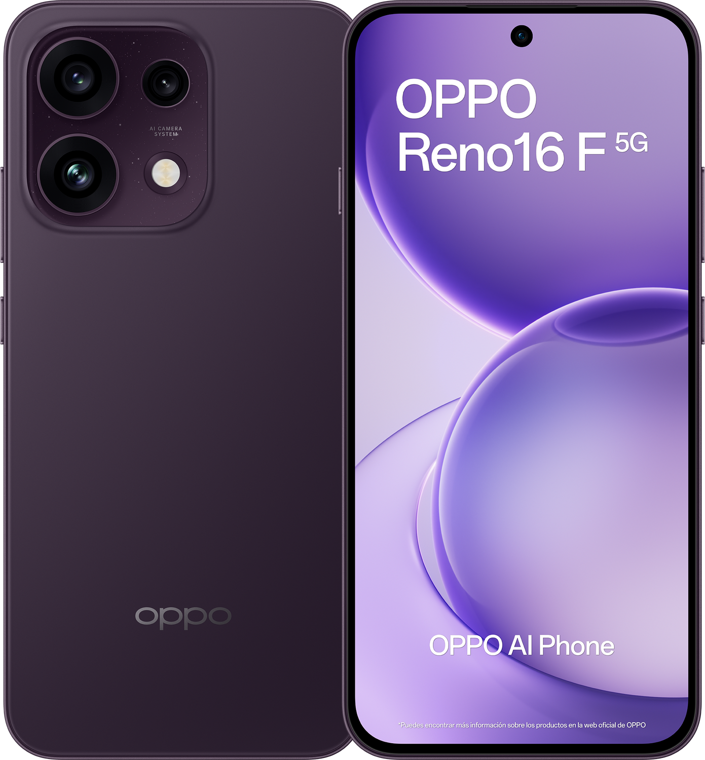 Un smartphone OPPO Reno16 F 5G morado con sistema de cámara AI.