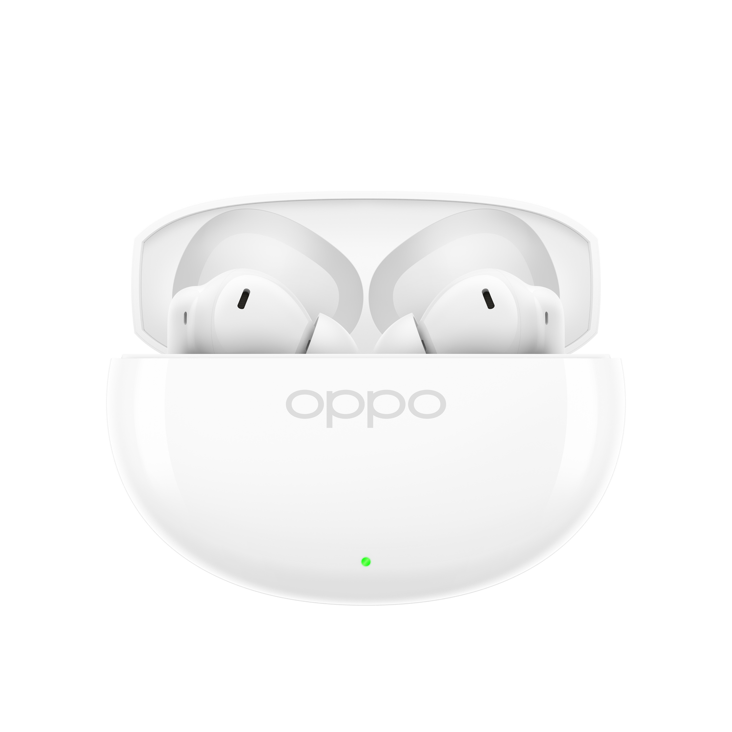 Auriculares blancos OPPO en un estuche de carga abierto con luz verde.