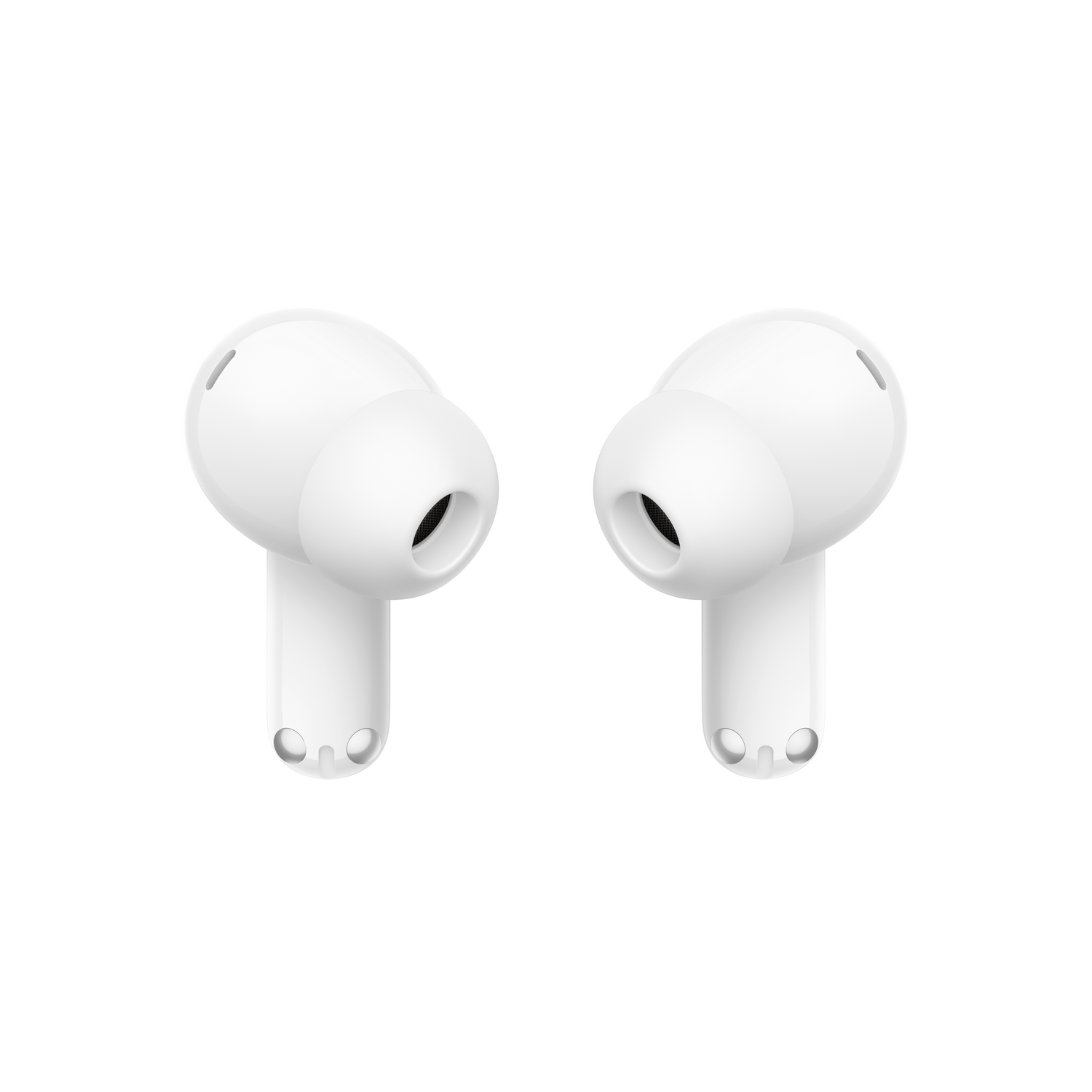 Dos auriculares inalámbricos blancos sobre fondo blanco.