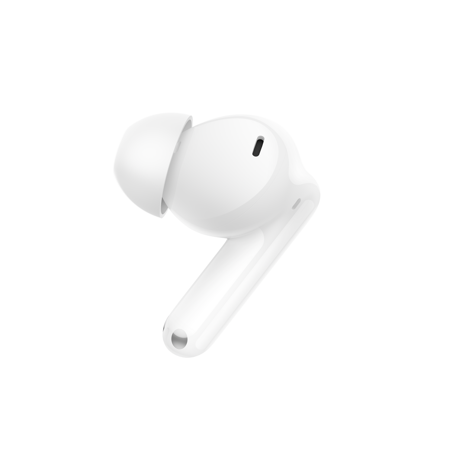 Un solo auricular inalámbrico blanco con un vástago sobre fondo blanco.
