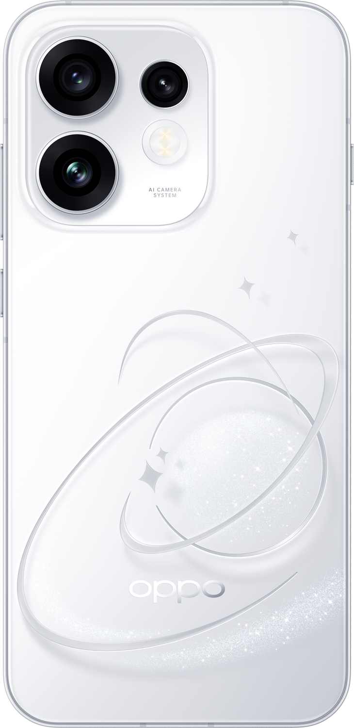 Teléfono OPPO blanco trasero con sistema de cámara IA y elementos de diseño circulares.
