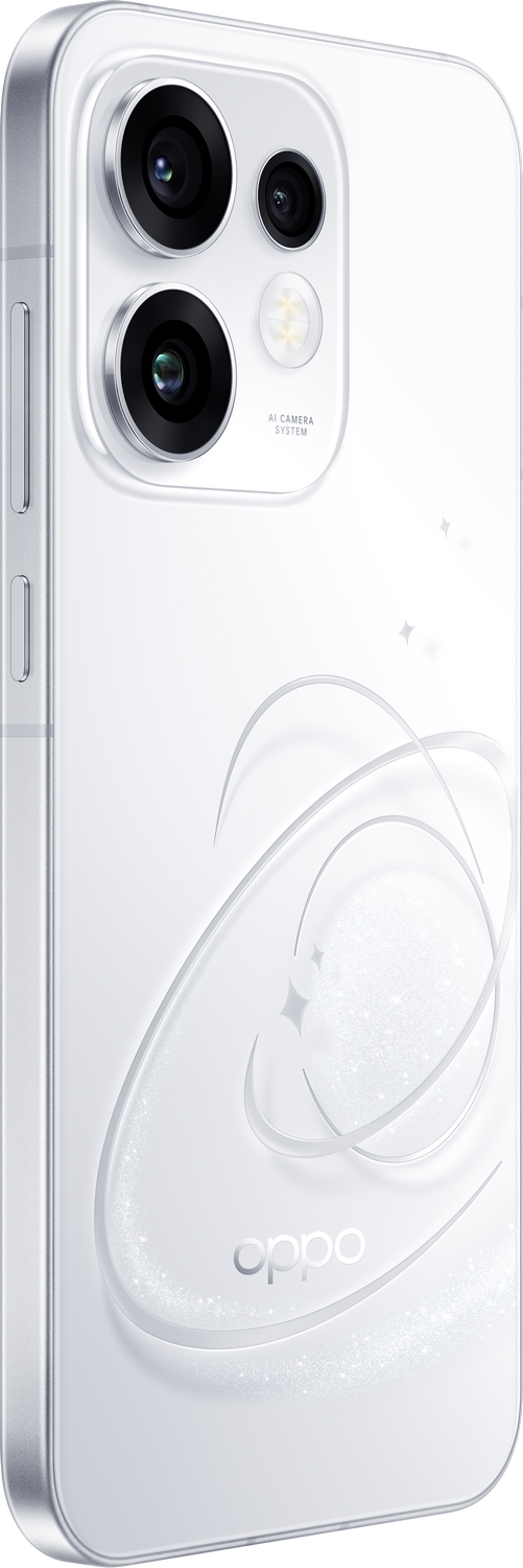 Un smartphone blanco con un sistema de triple cámara y el logo de Oppo.