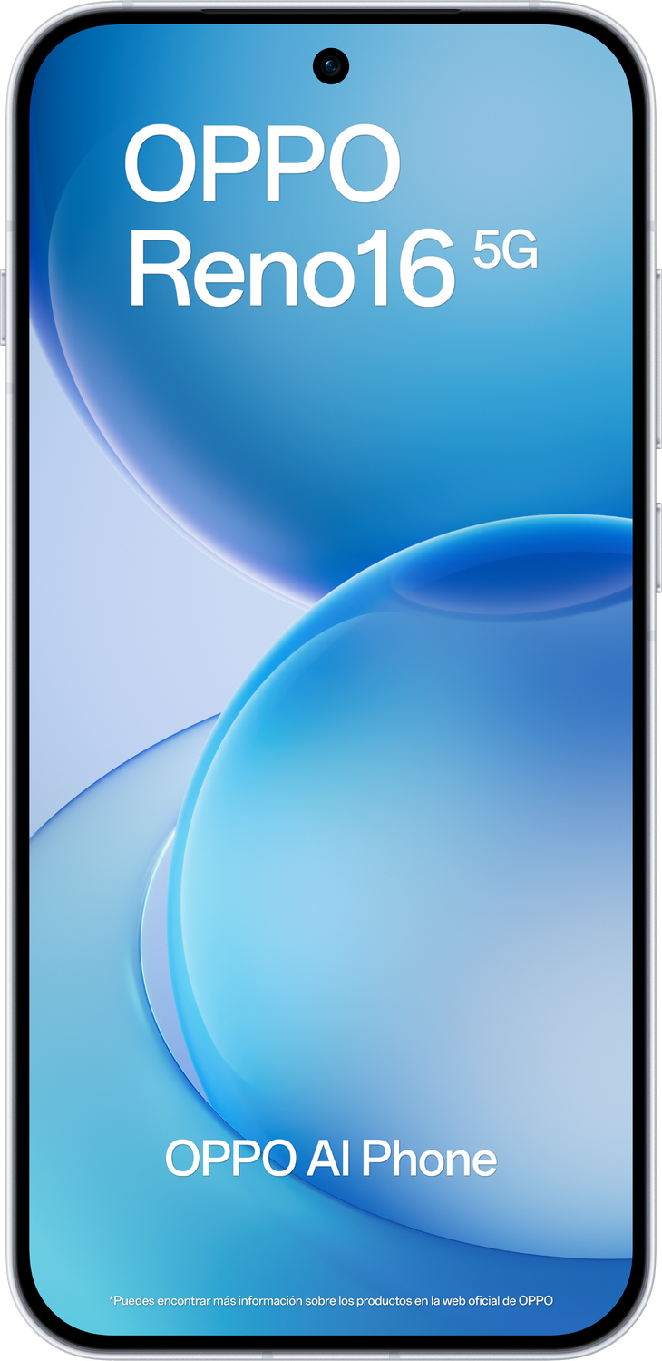 El OPPO Reno16 5G con texto OPPO AI Phone sobre fondo azul.