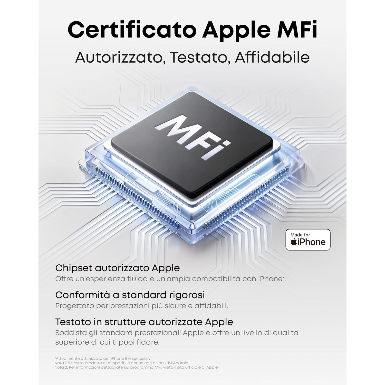 Chip certificato Apple MFi, logo Made for iPhone, linee di circuito digitali.