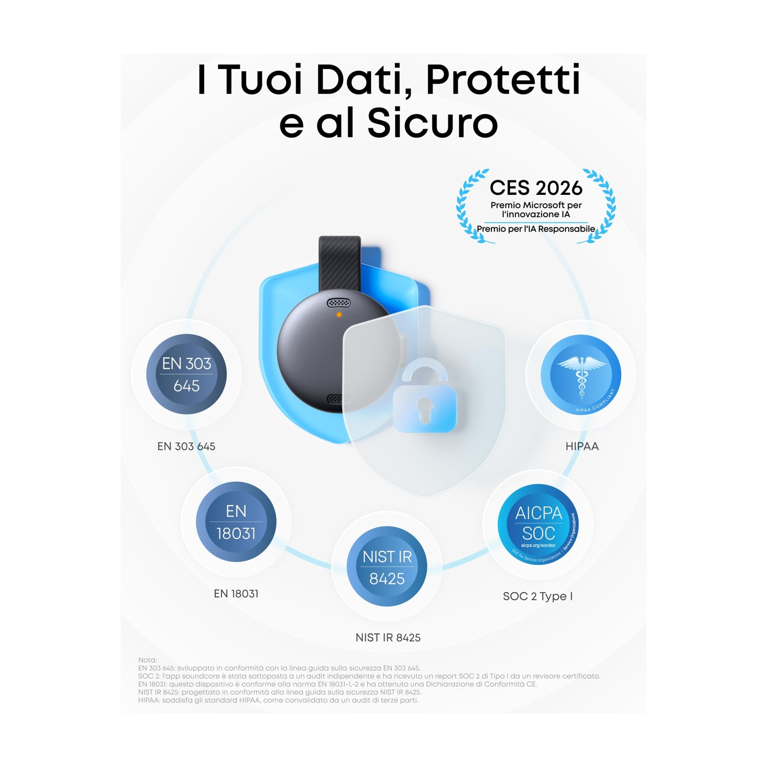 Un dispositivo grigio con sigilli di sicurezza, conforme a EN 303 645 e HIPAA.