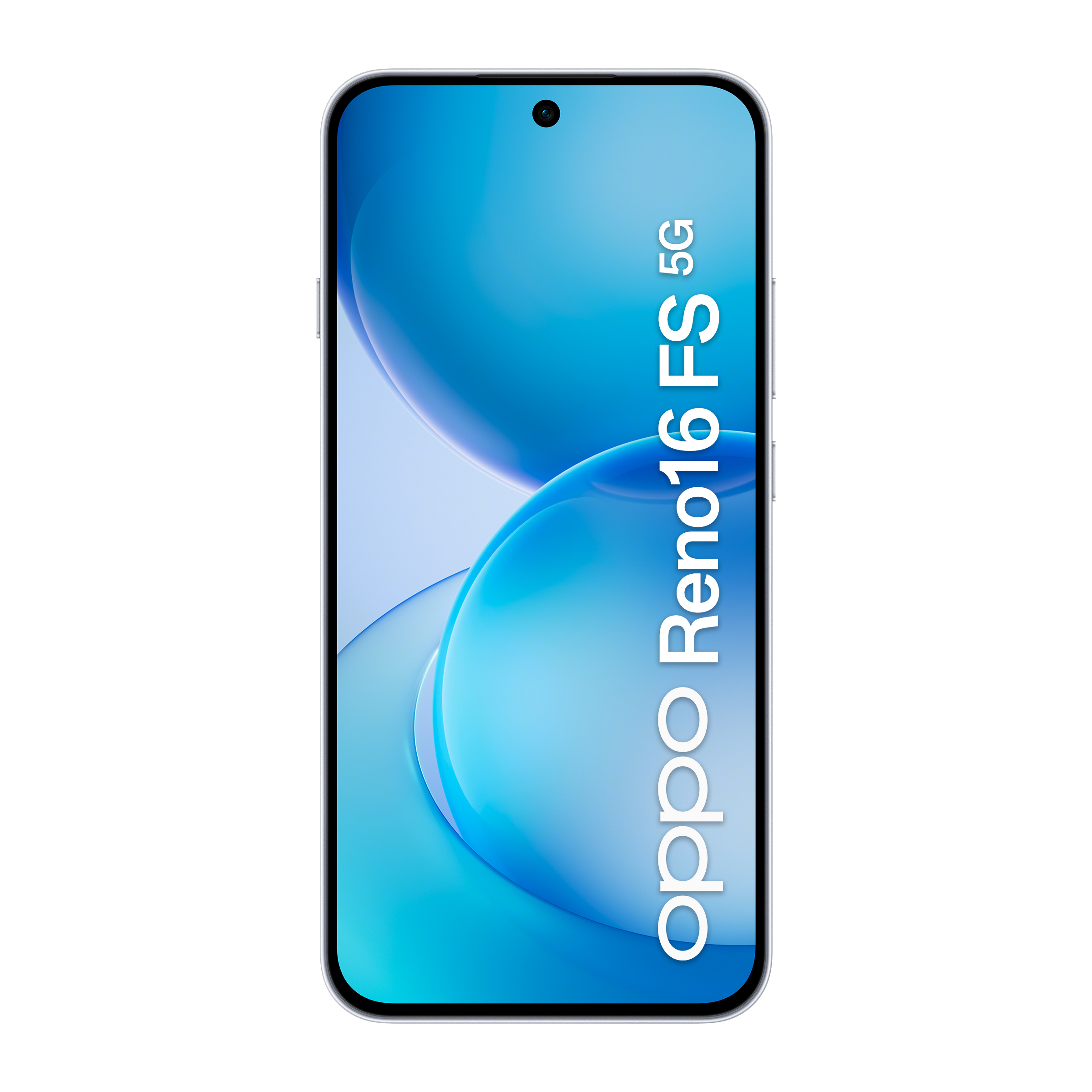 Uno smartphone argentato con sfondo blu, che mostra Oppo Reno16 5G.
