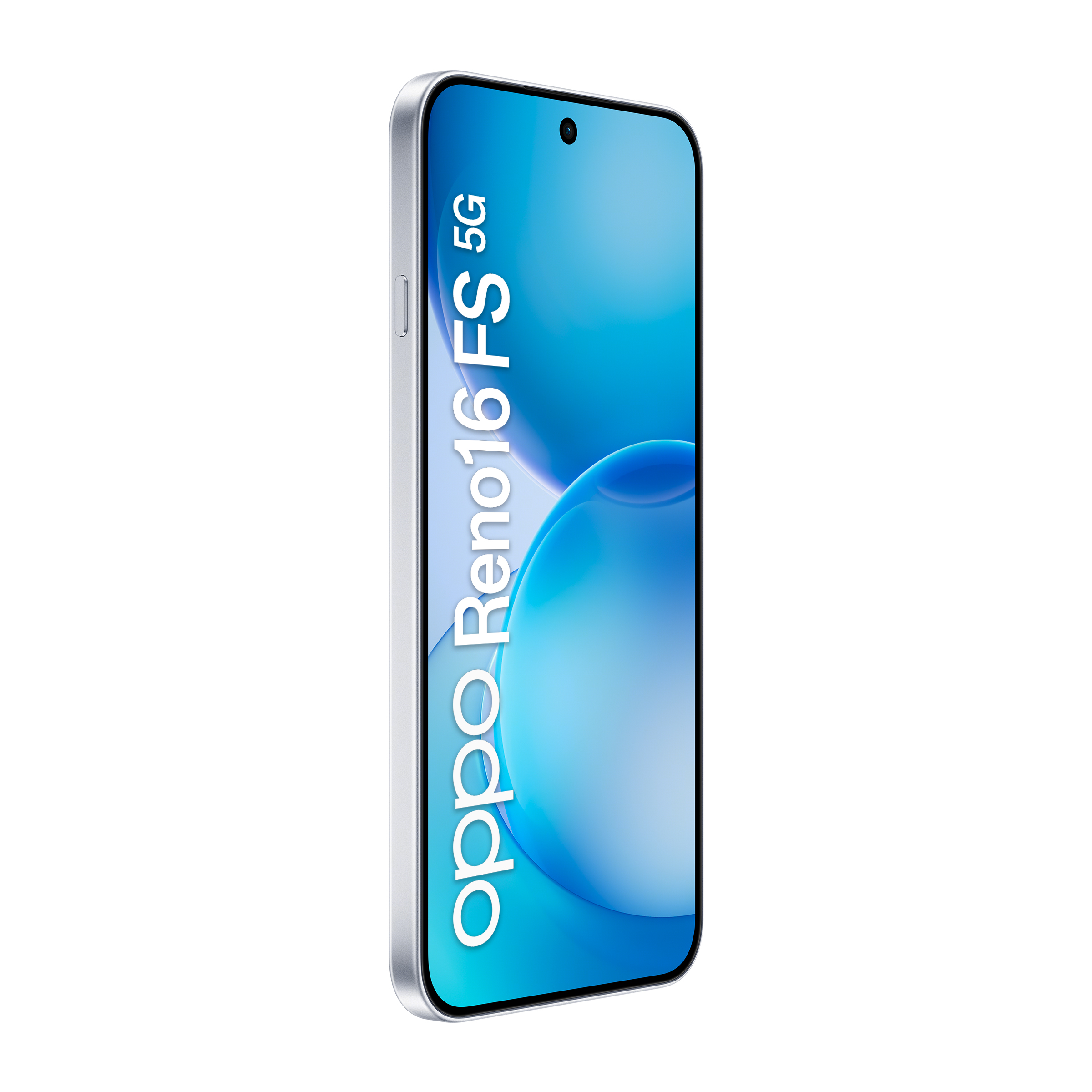 Un elegante smartphone argentato con sfondo blu e testo.