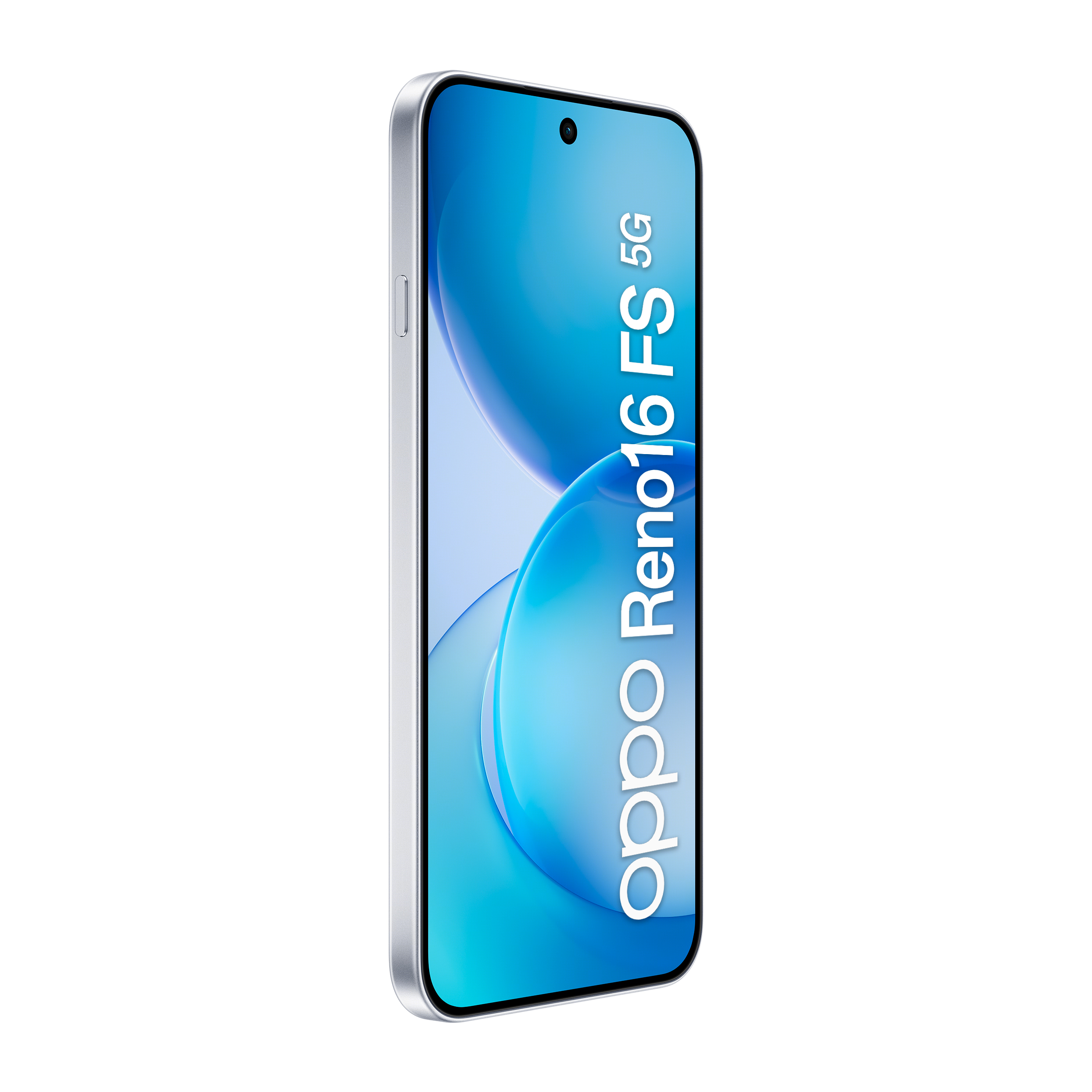 Uno smartphone argentato con sfondo blu e testo Oppo Reno 16 FS 5G.