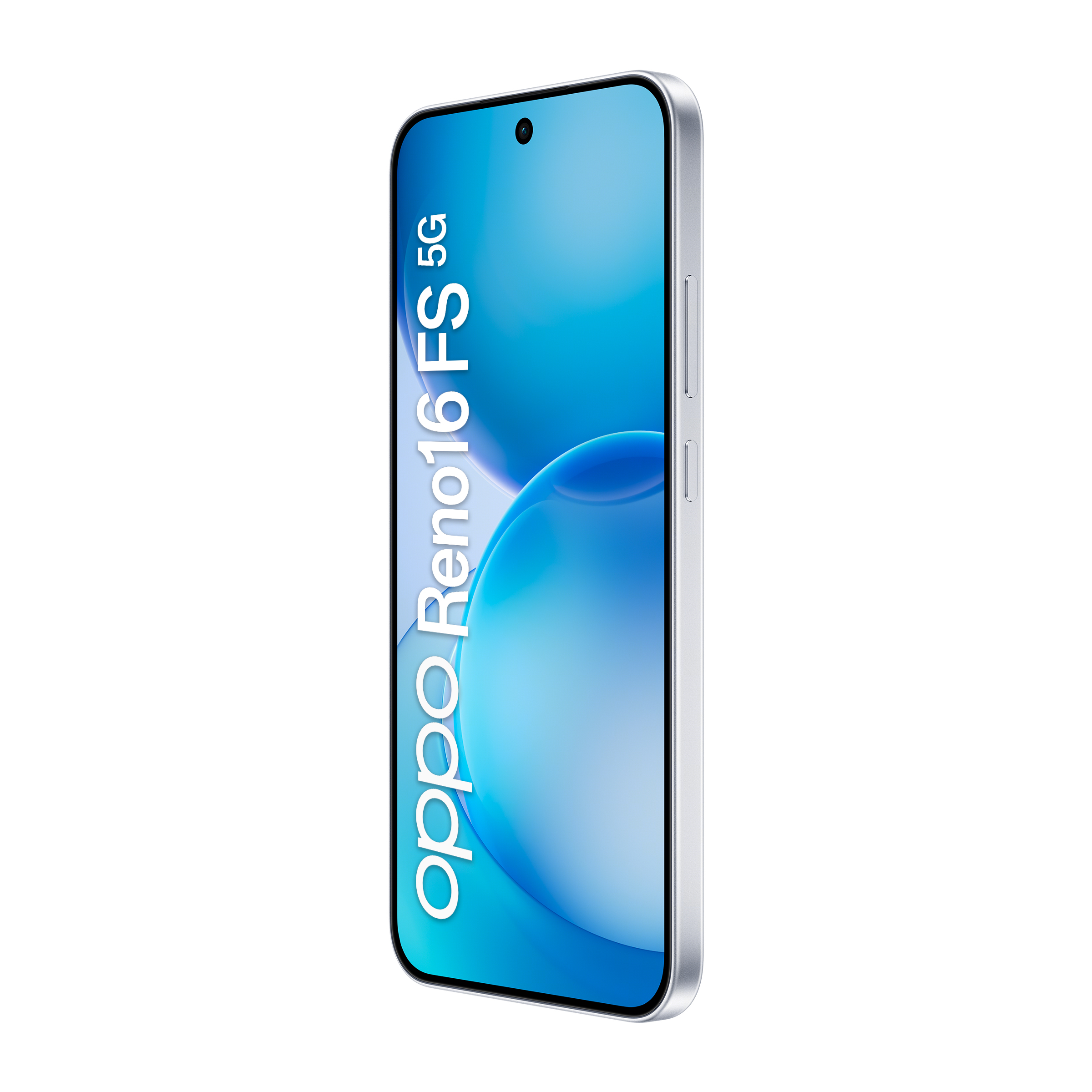 Smartphone Oppo Reno 16 5G argento con sfondo blu sullo schermo.