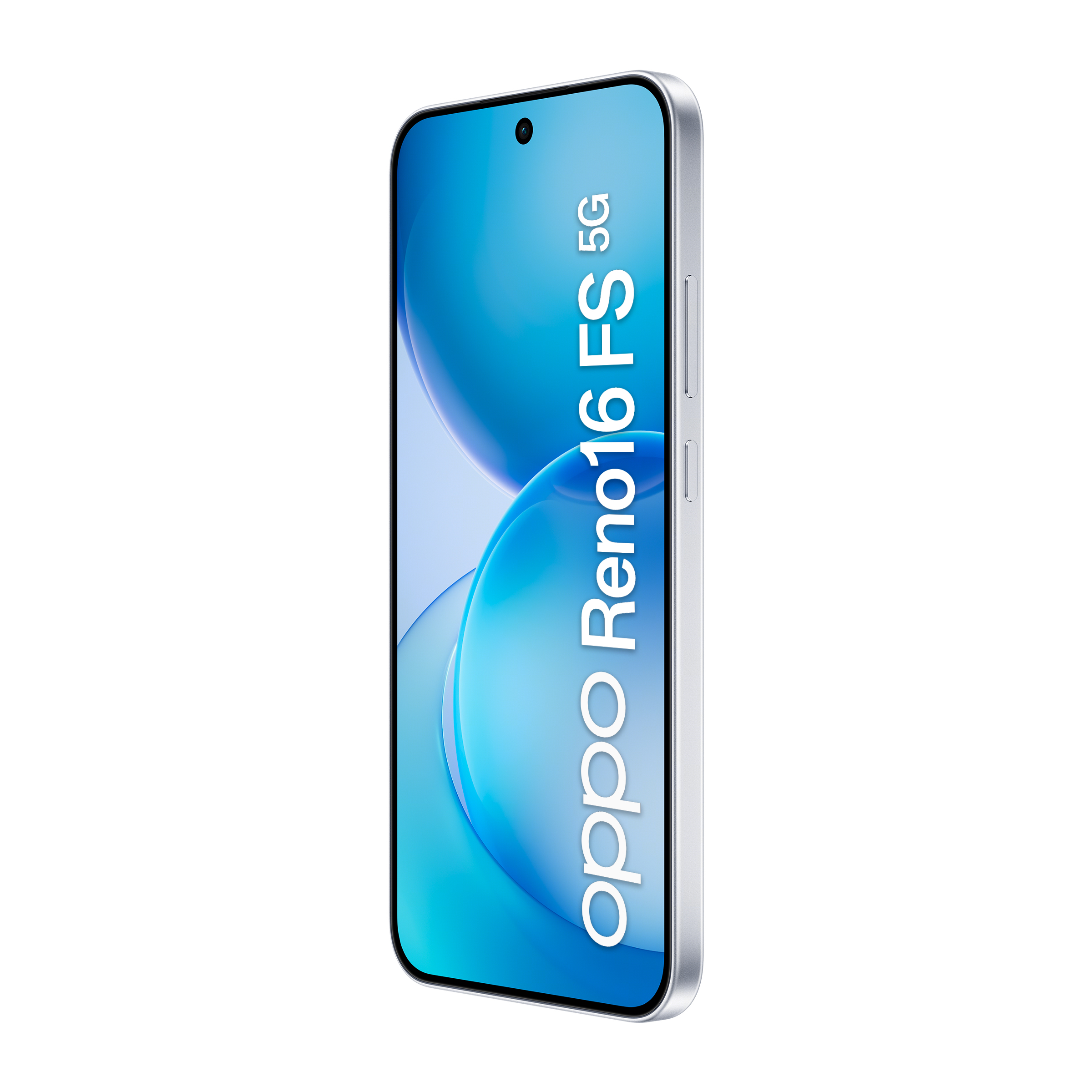 Uno smartphone Oppo Reno16 5G argentato su sfondo blu.