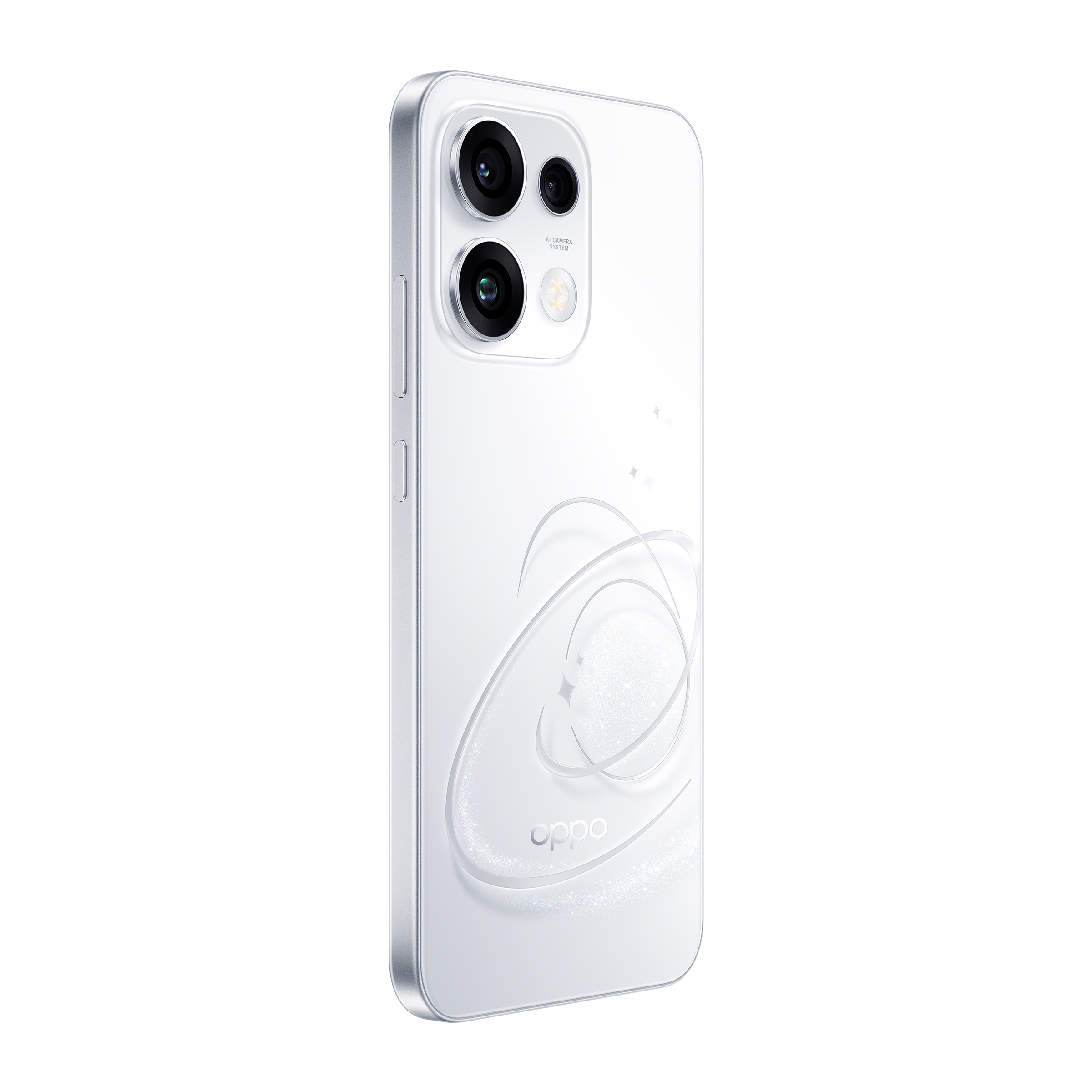 Uno smartphone bianco con cornice argentata, fotocamere e motivo circolare.