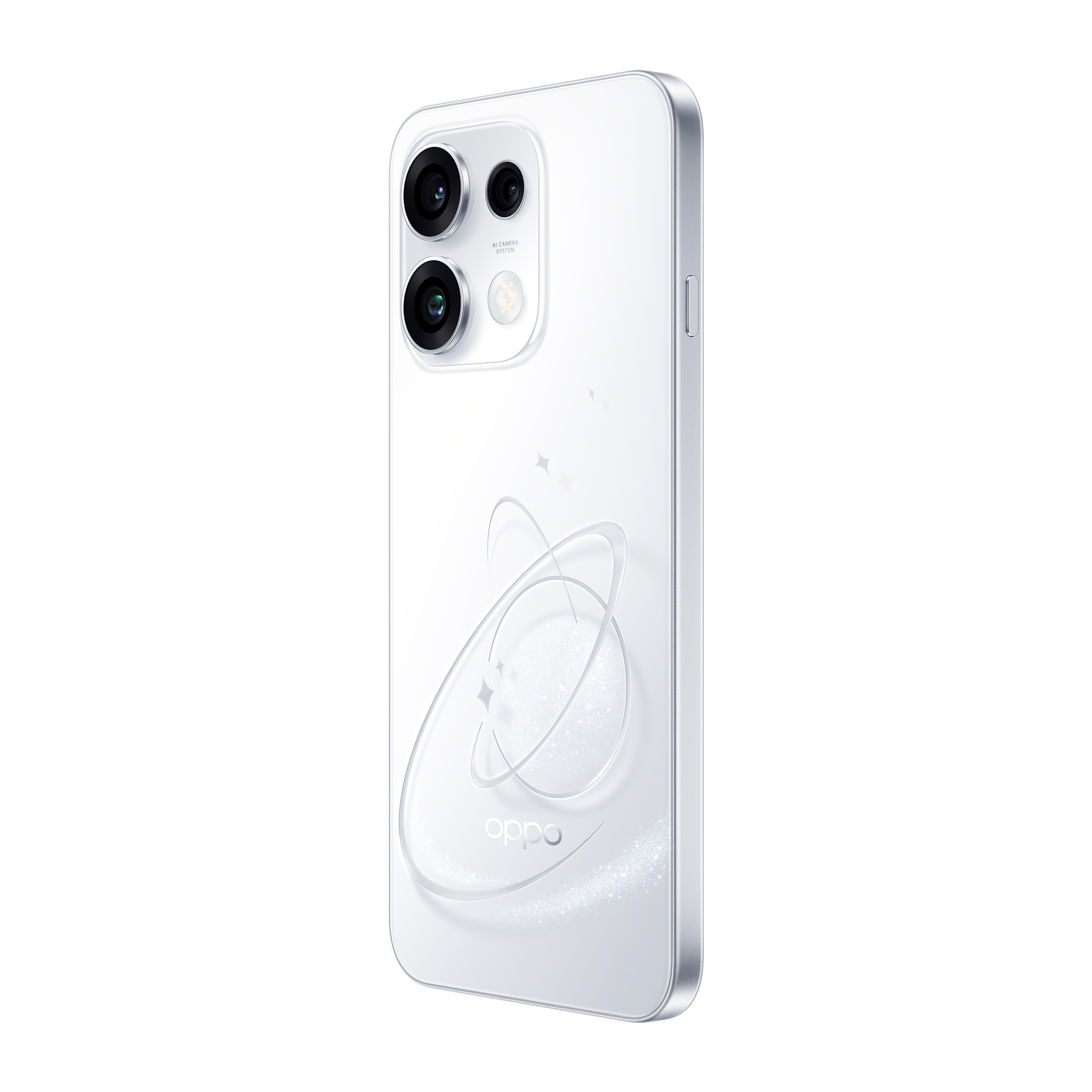 Uno smartphone bianco con cornice argentata e fotocamere sul retro.