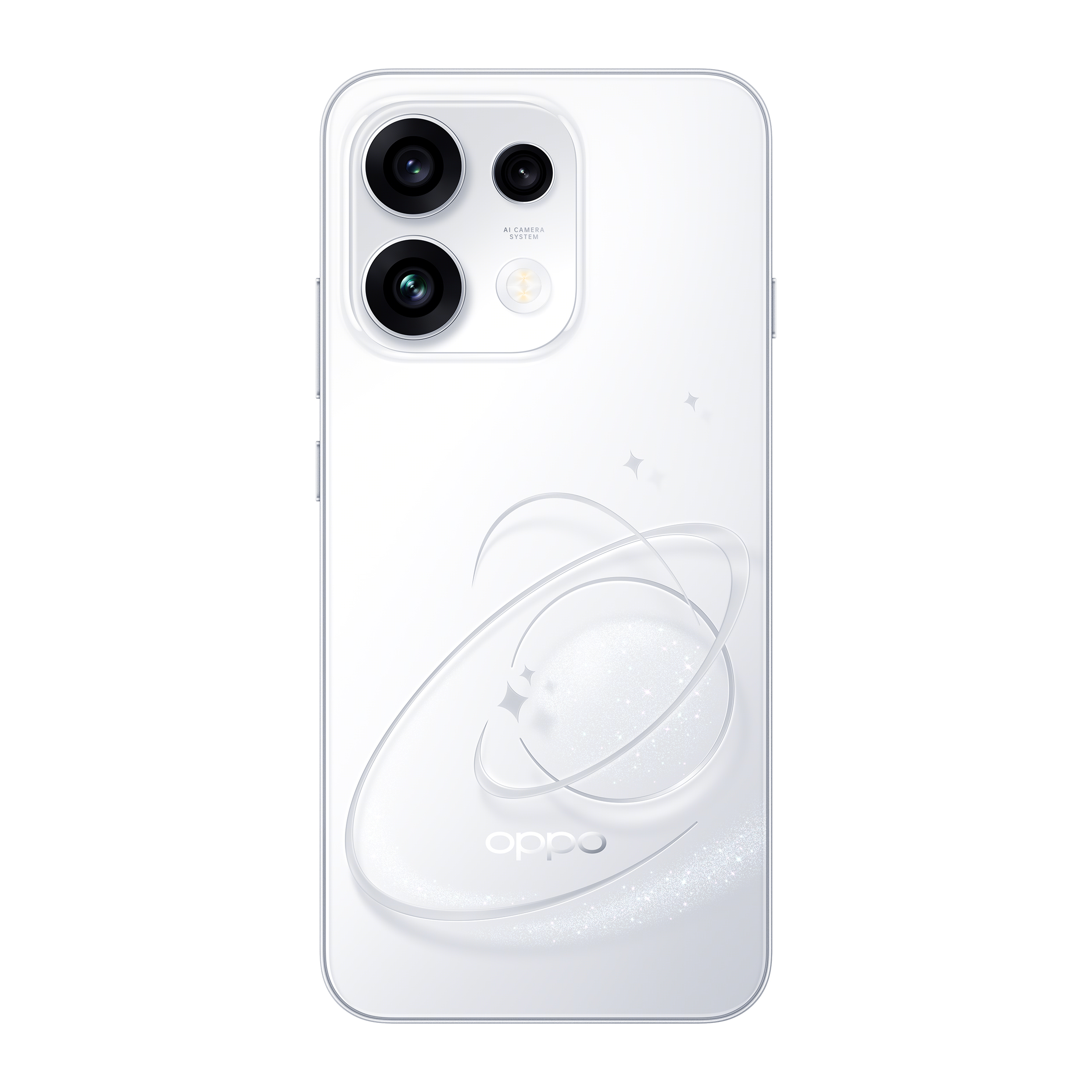 Uno smartphone bianco con sistema a quattro fotocamere e logo Oppo.