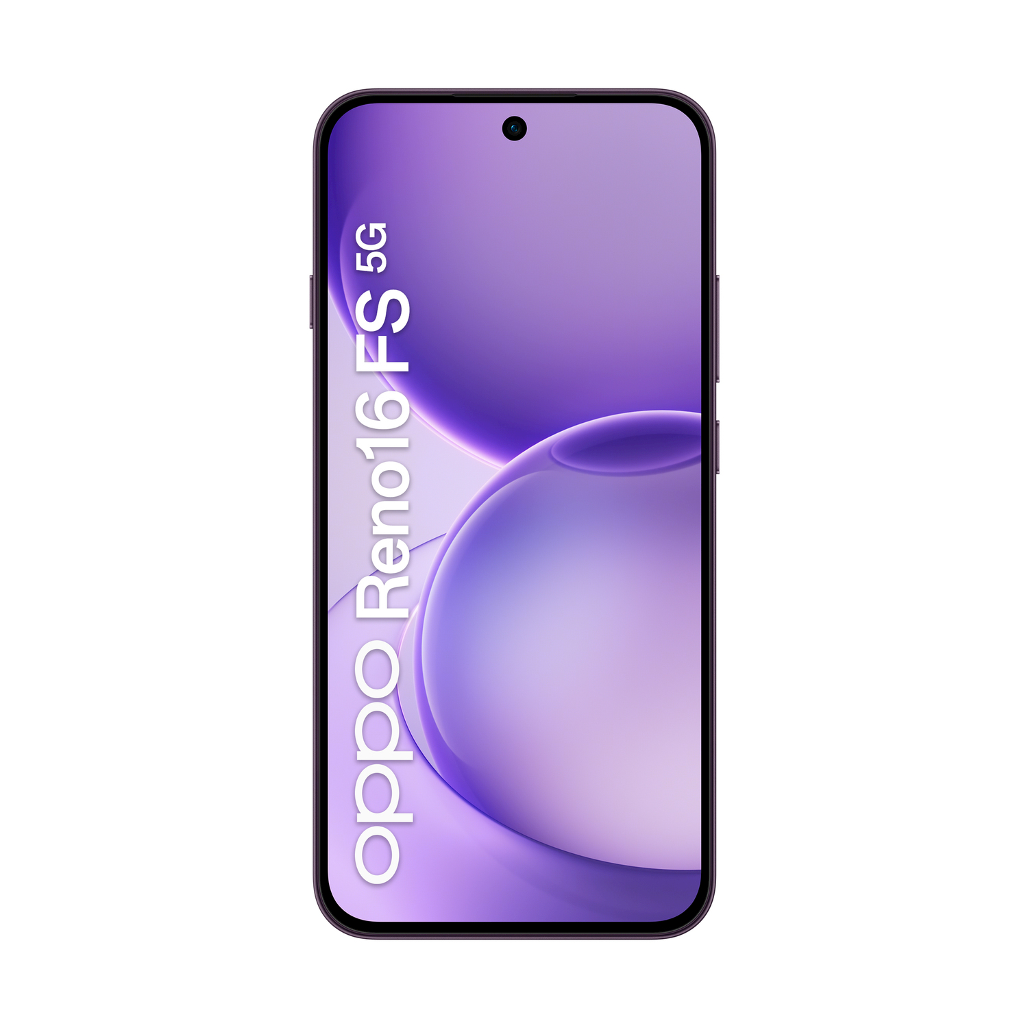 Smartphone Oppo Reno 16 5G viola con sfondo astratto giocoso sullo schermo.