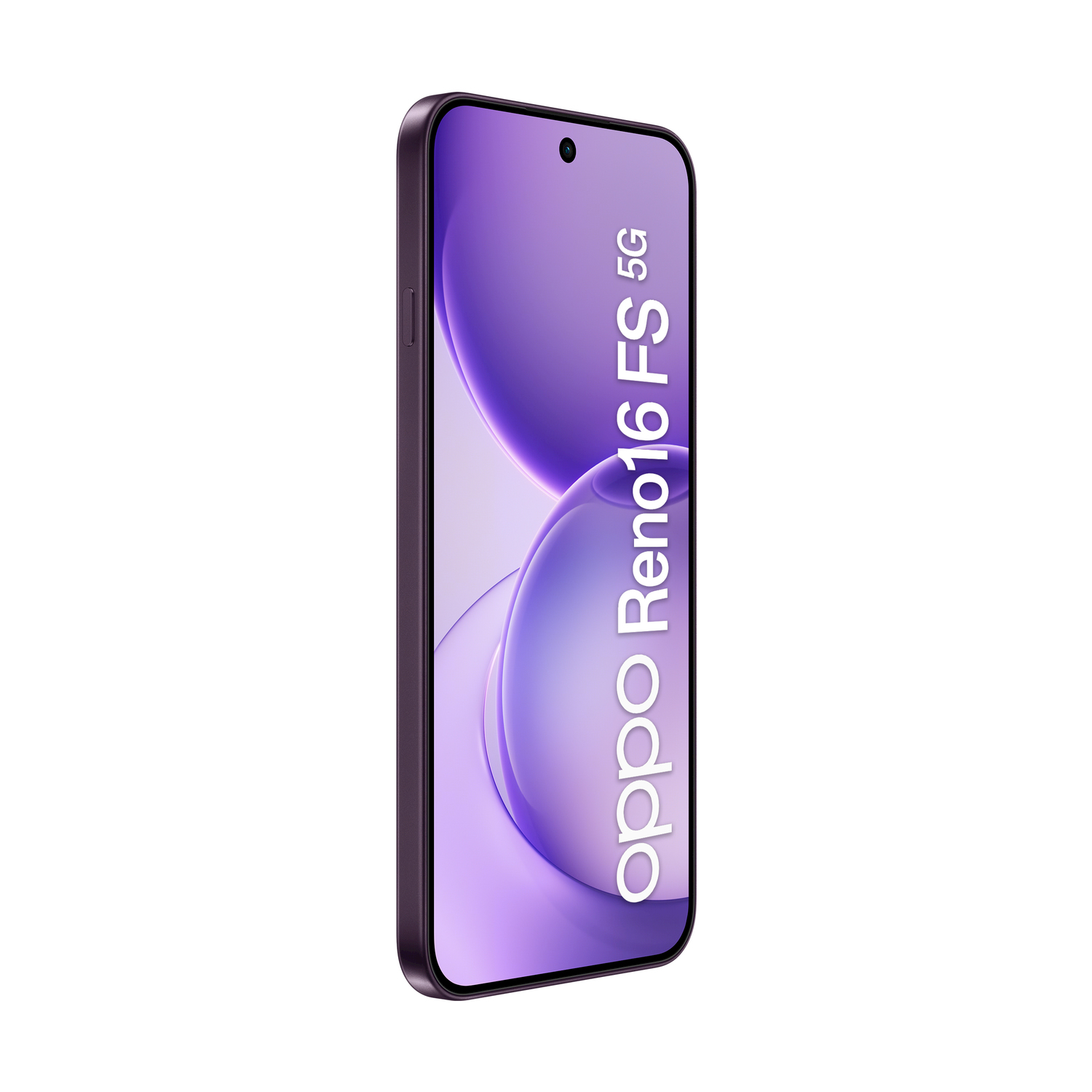 Smartphone viola Oppo Reno16 5G con angoli arrotondati su sfondo bianco.