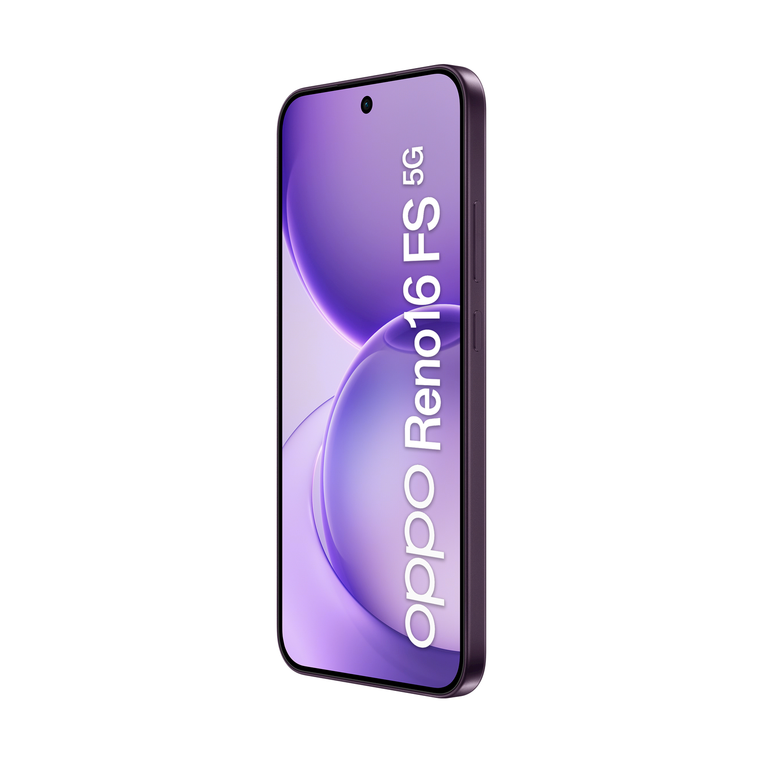 Smartphone Oppo Reno16 5G viola con schermo acceso.