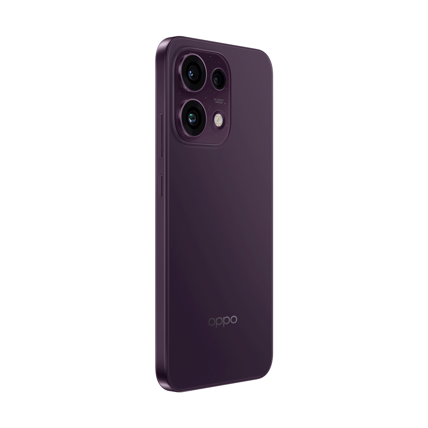 Uno smartphone viola con tre fotocamere sul retro e il logo Oppo.