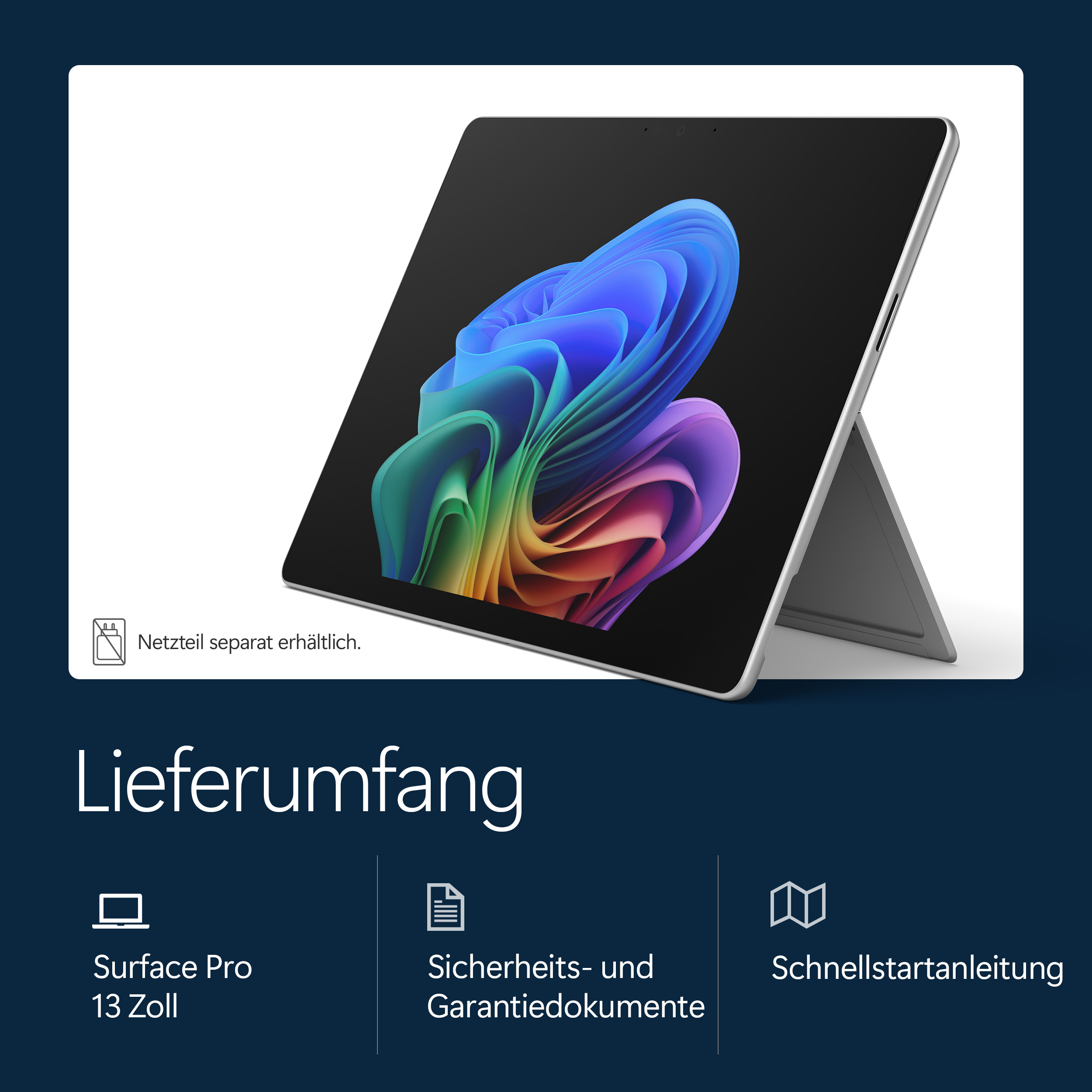 Ein silbernes Surface Pro Tablet mit buntem Hintergrundbild.