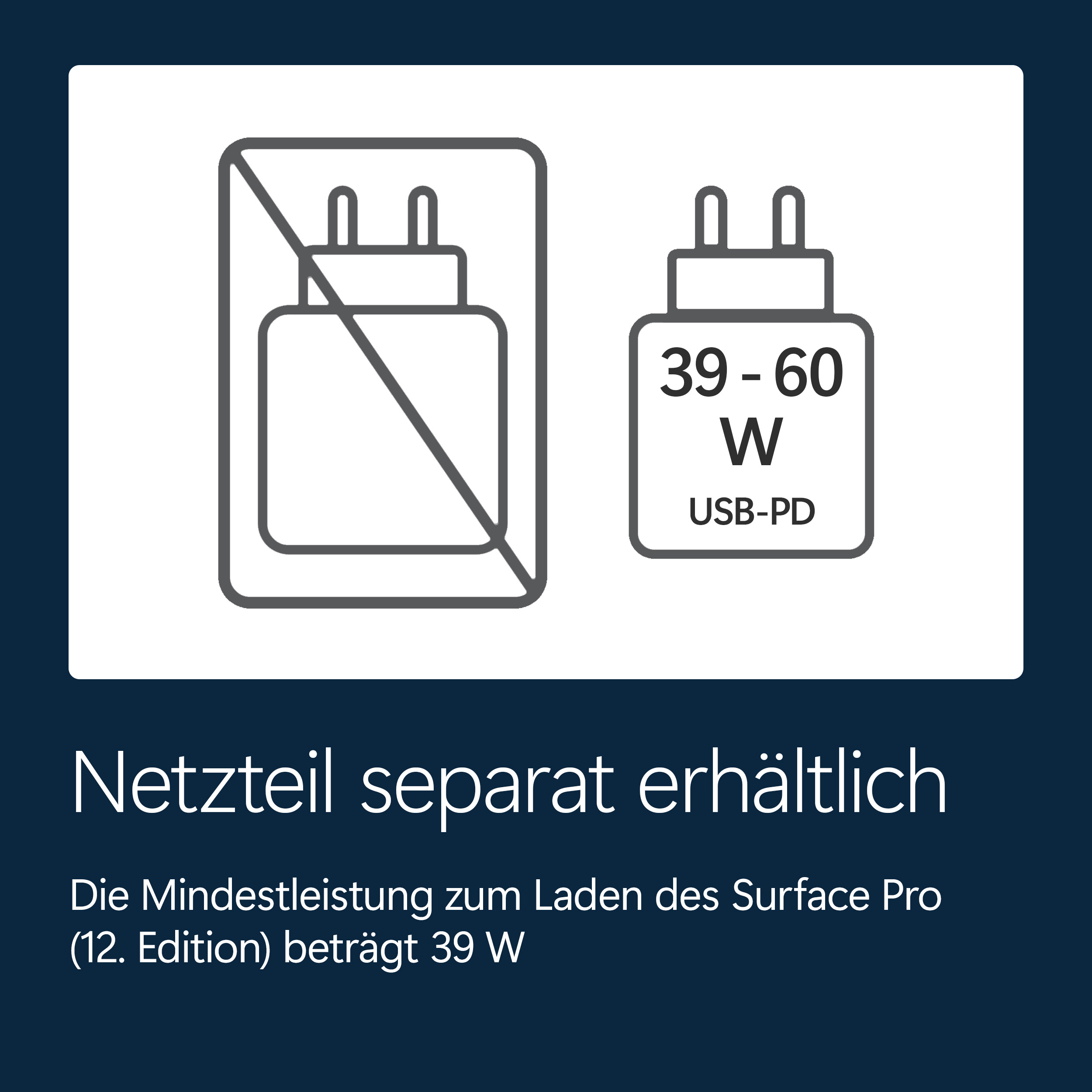 Netzteil separat erhältlich. Mindestleistung 39W für Surface Pro.