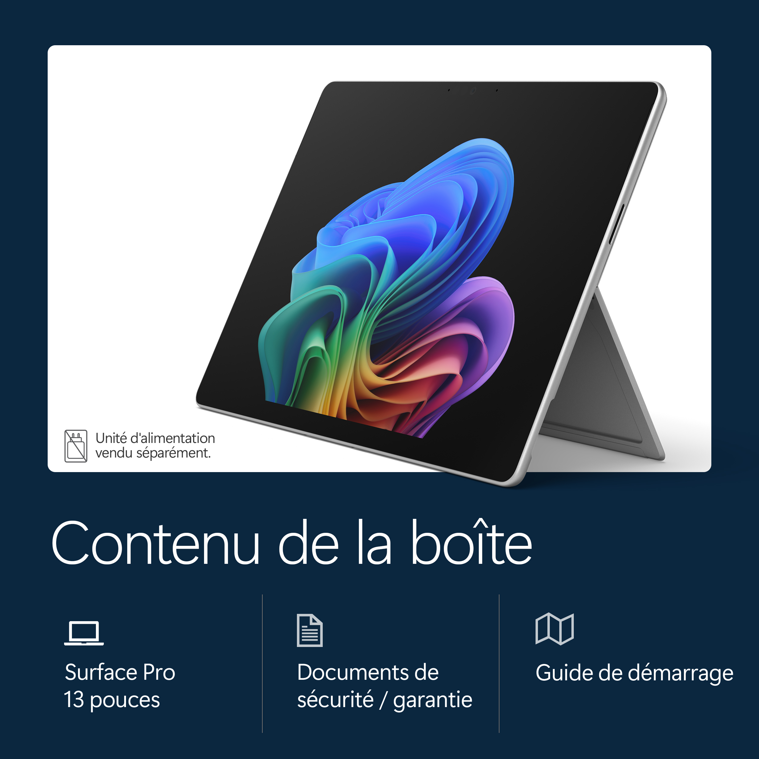 Un Surface Pro 13 pouces avec fond abstrait et contenu de la boîte.