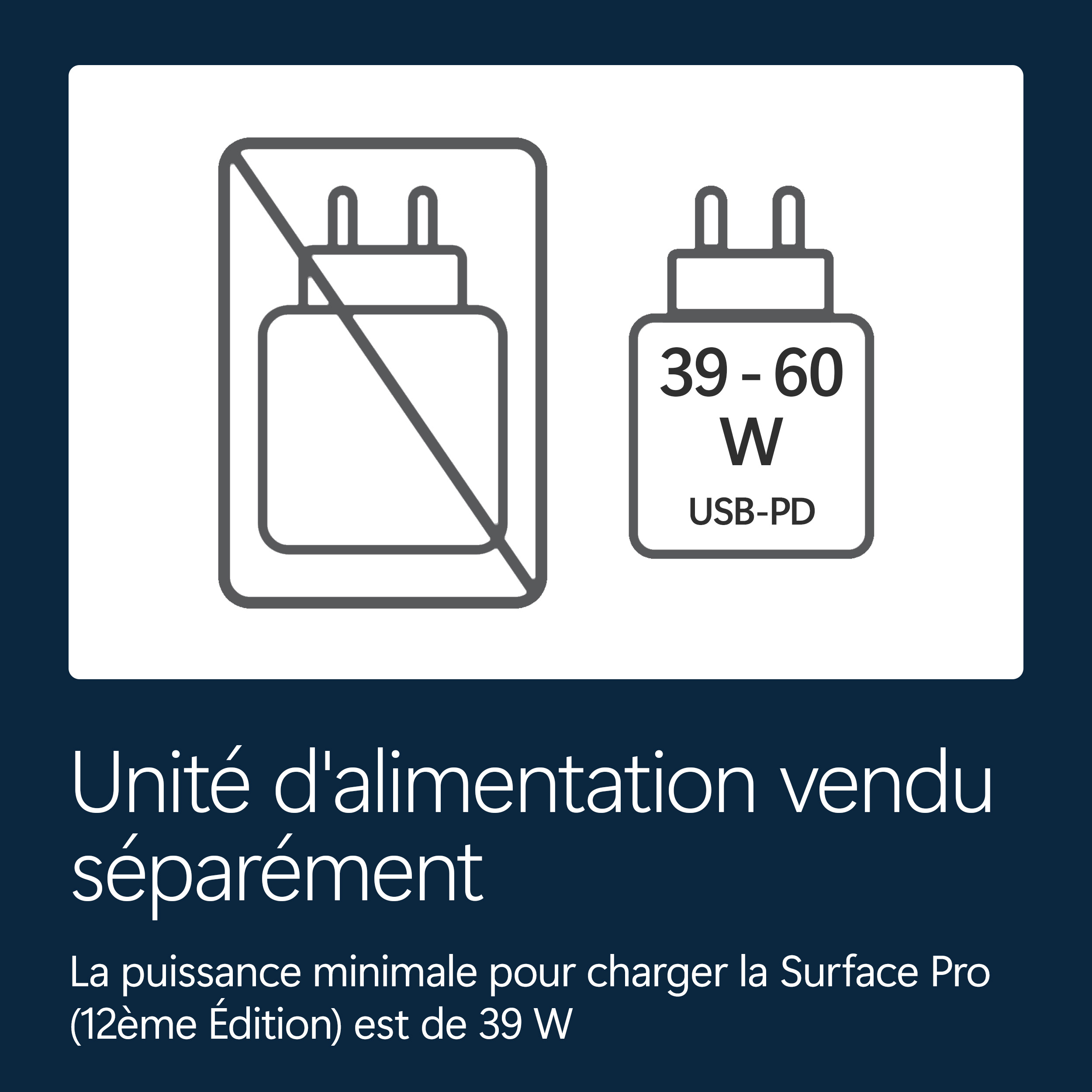 Adaptateur secteur vendu séparément. 39W minimum pour Surface Pro.