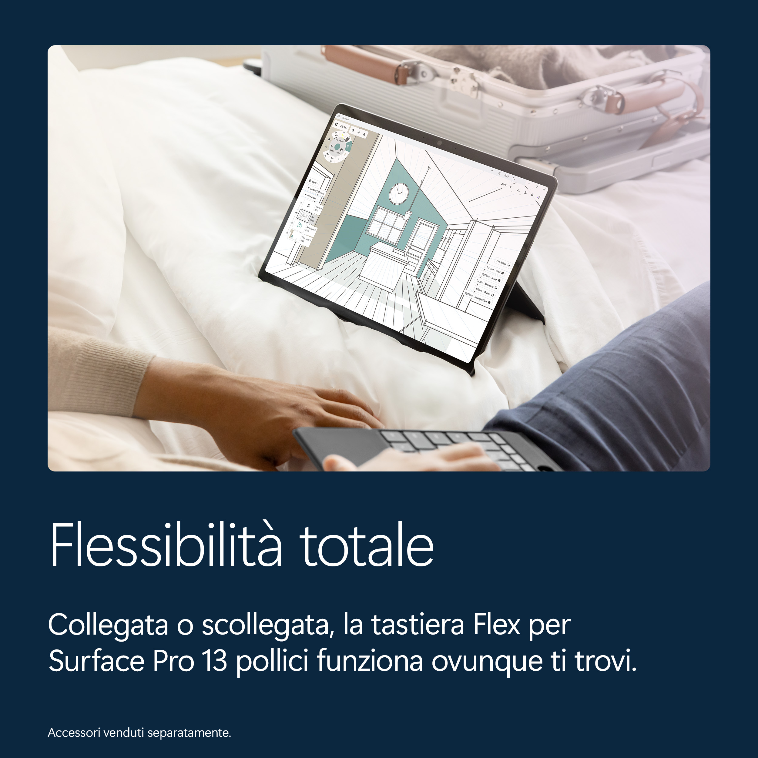 Un tablet mostra un progetto di cucina con tastiera su un letto vicino a una valigia.