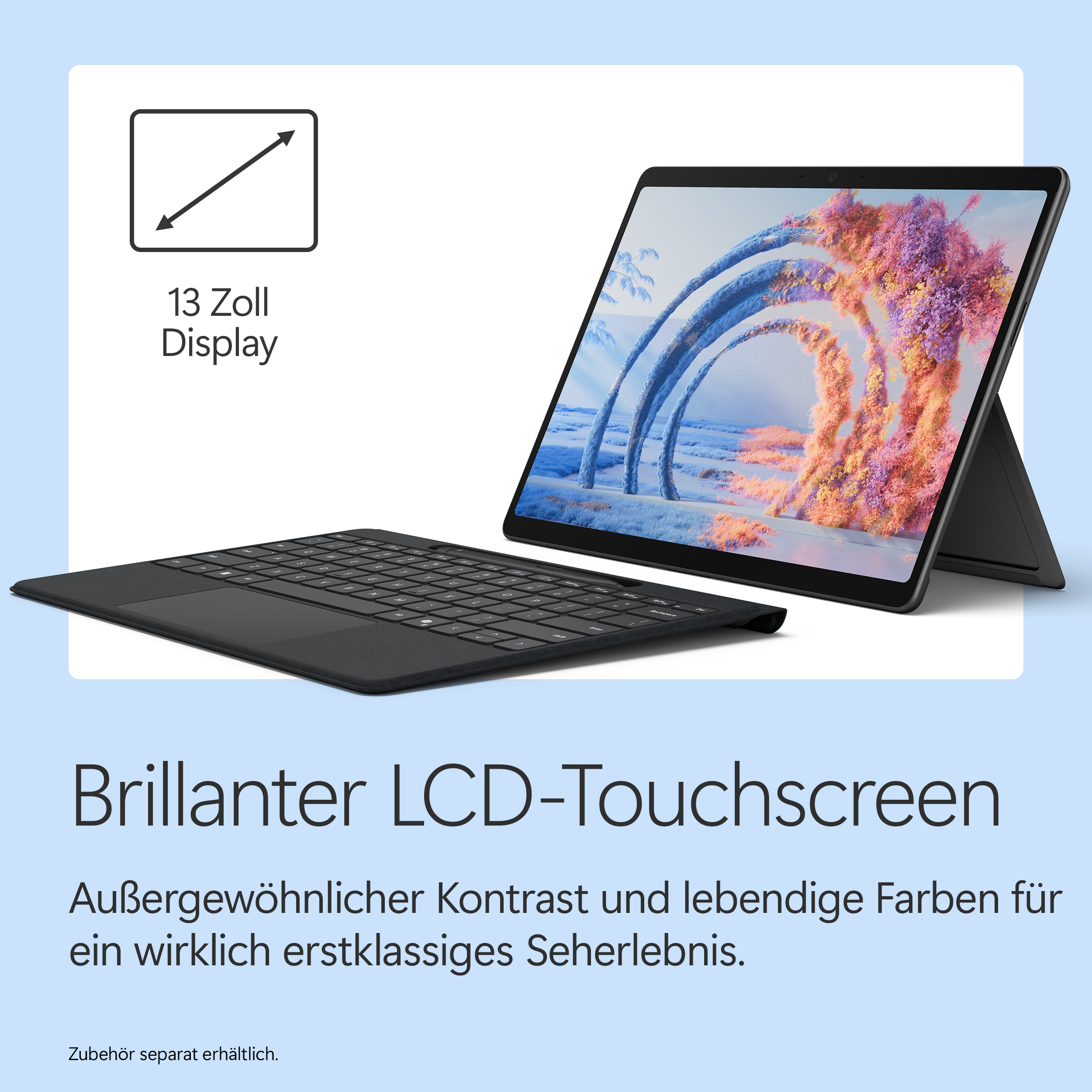 Ein 13-Zoll-Laptop mit Tastatur und einem bunten Bild auf dem Display.