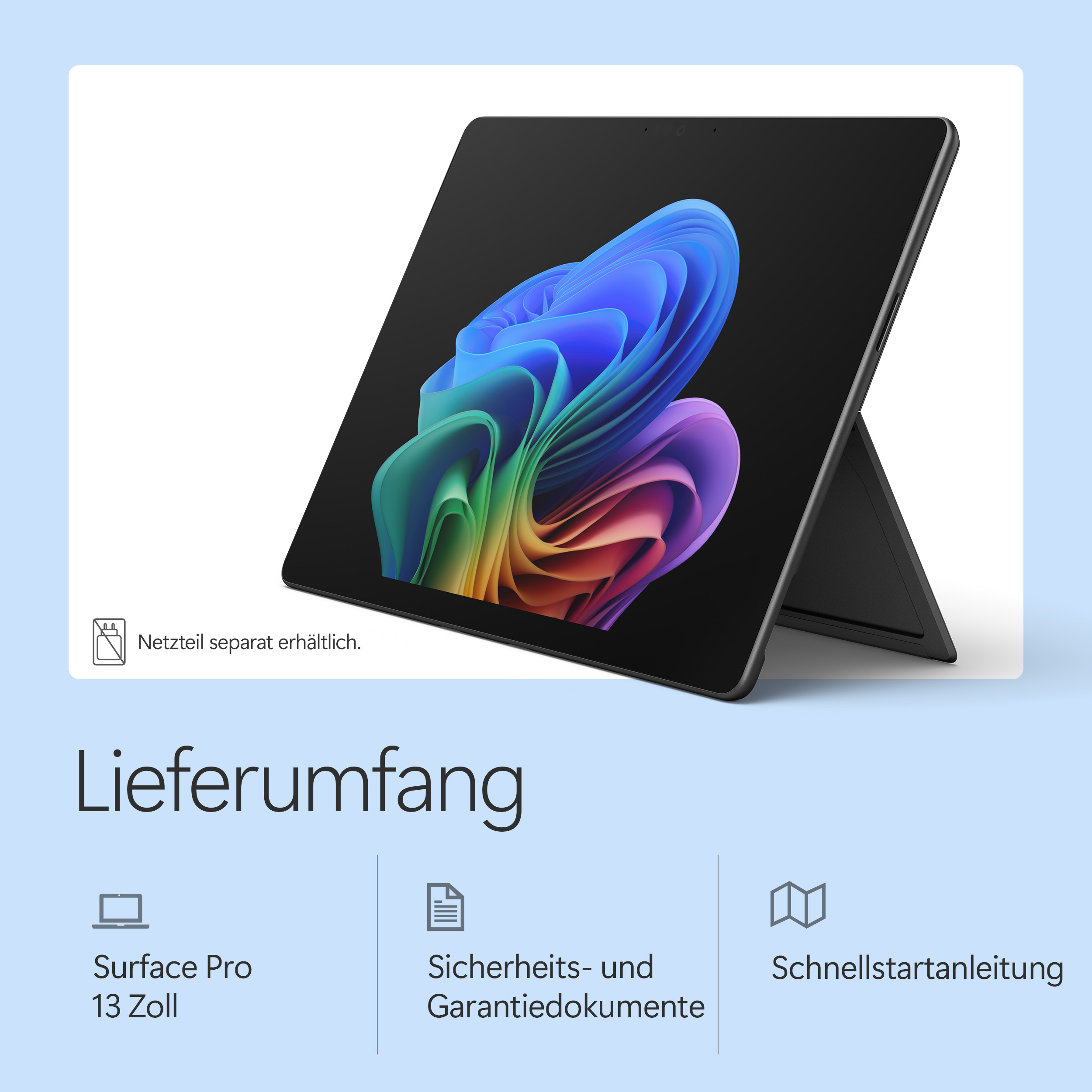 Ein Surface Pro mit buntem Hintergrundbild und Zubehör.