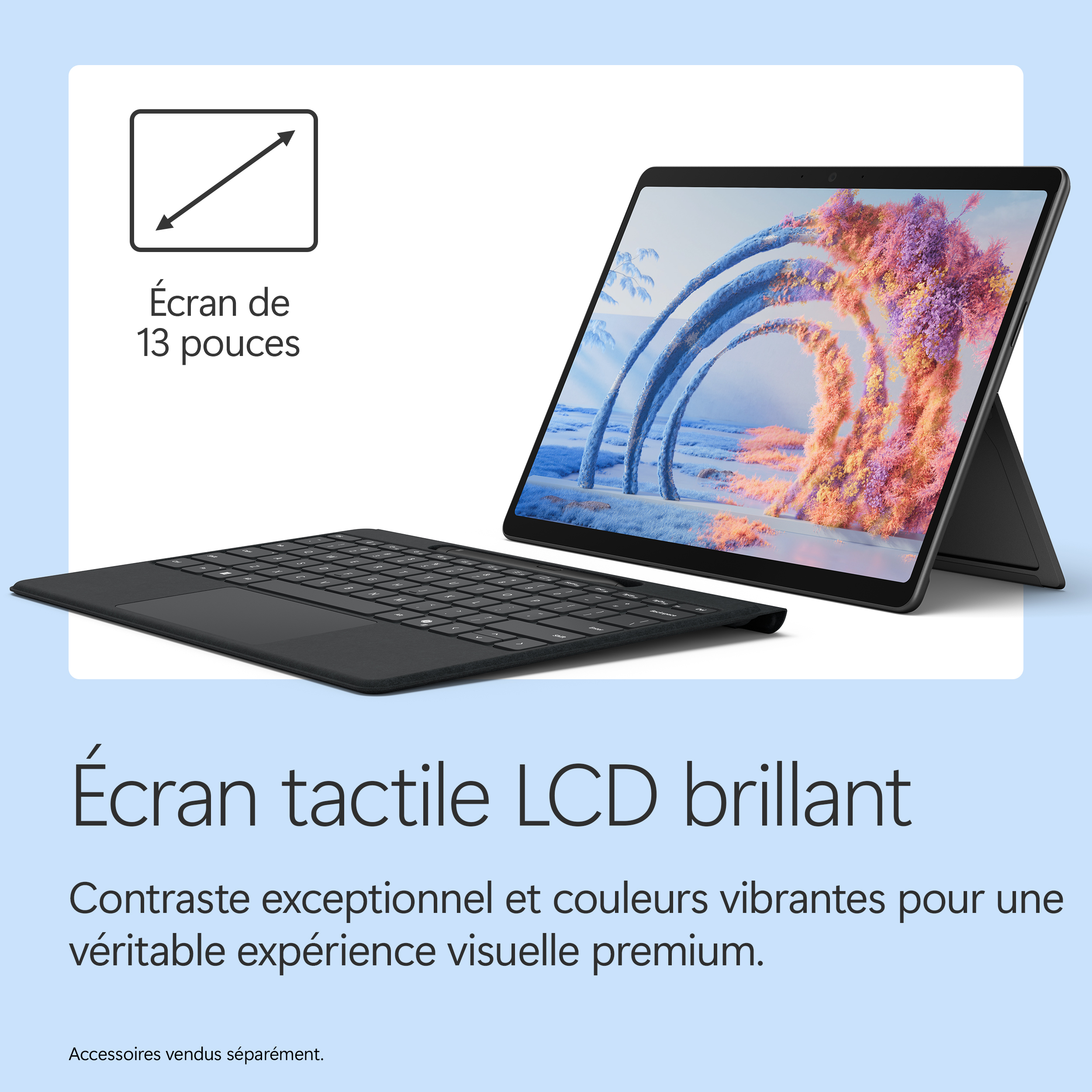 Une tablette 13 pouces avec clavier et une image abstraite colorée.