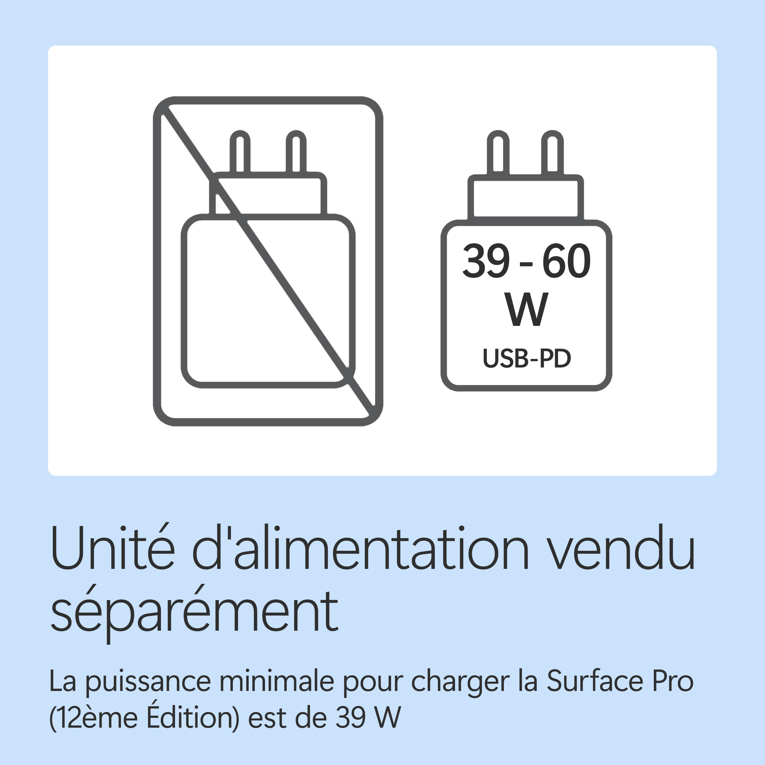 Adaptateur vendu séparément. Minimum 39W pour Surface Pro (12e éd.).