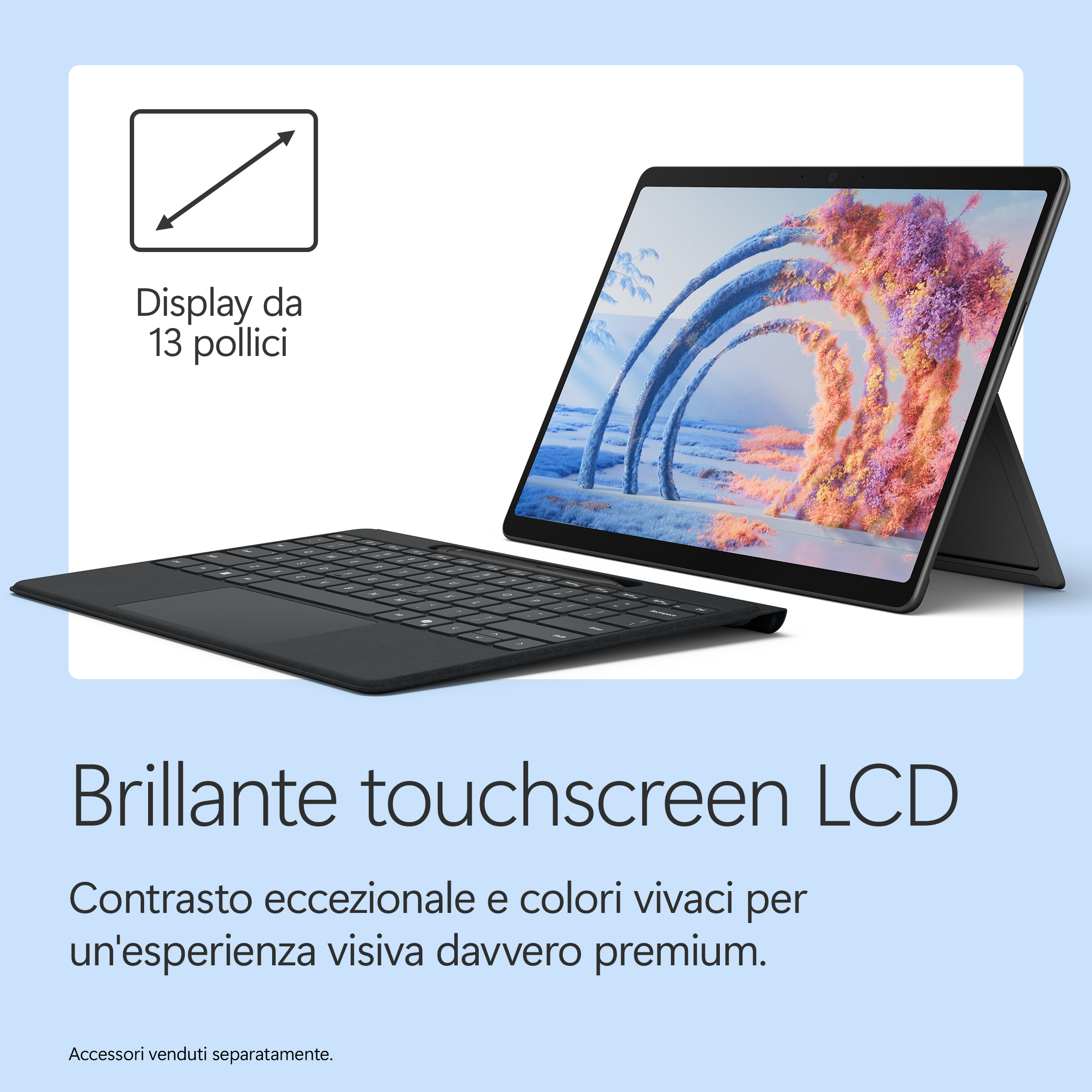 Un tablet nero con tastiera e display da 13 pollici. Lo schermo mostra grafiche astratte colorate.