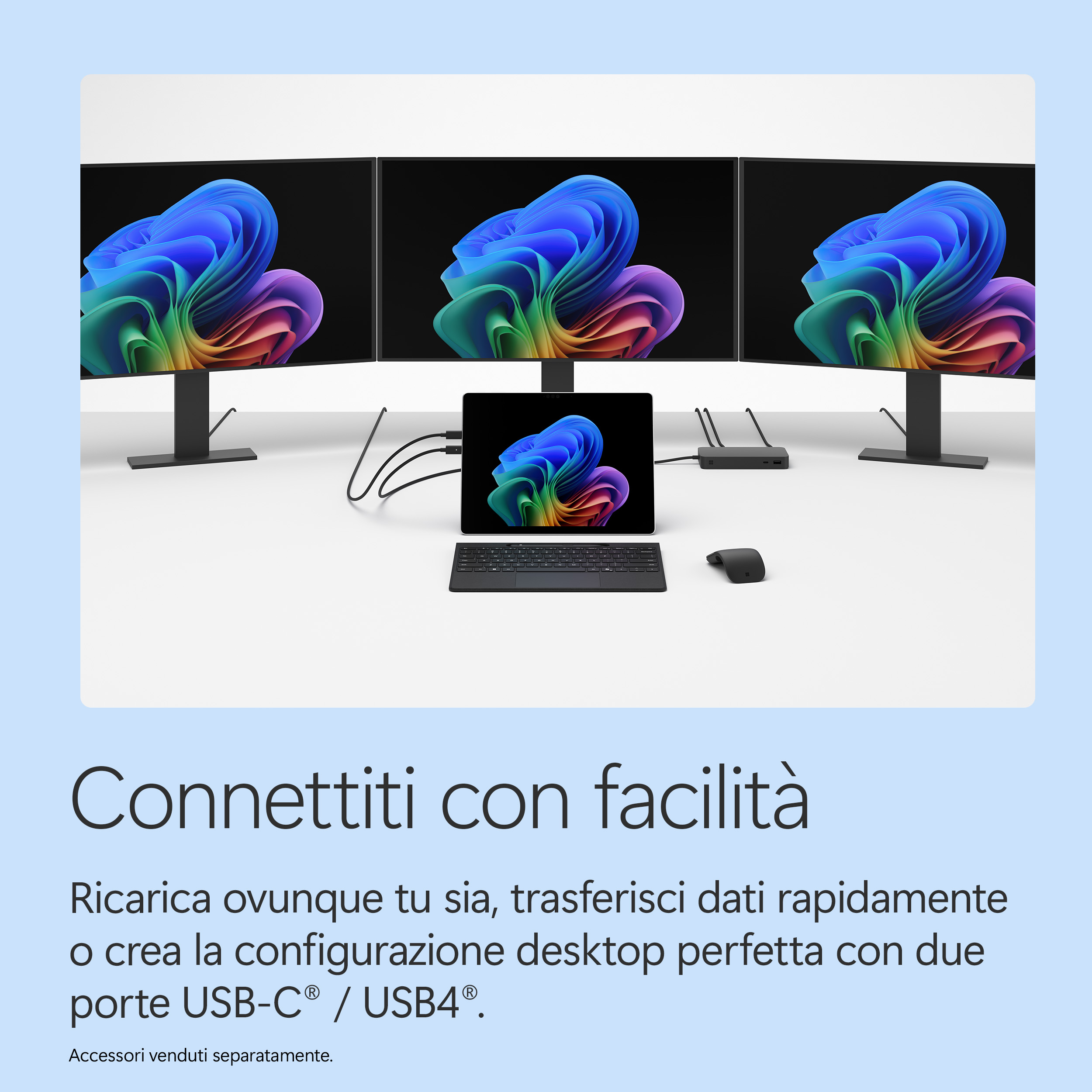 Tre monitor, tablet, tastiera e mouse su un tavolo bianco.