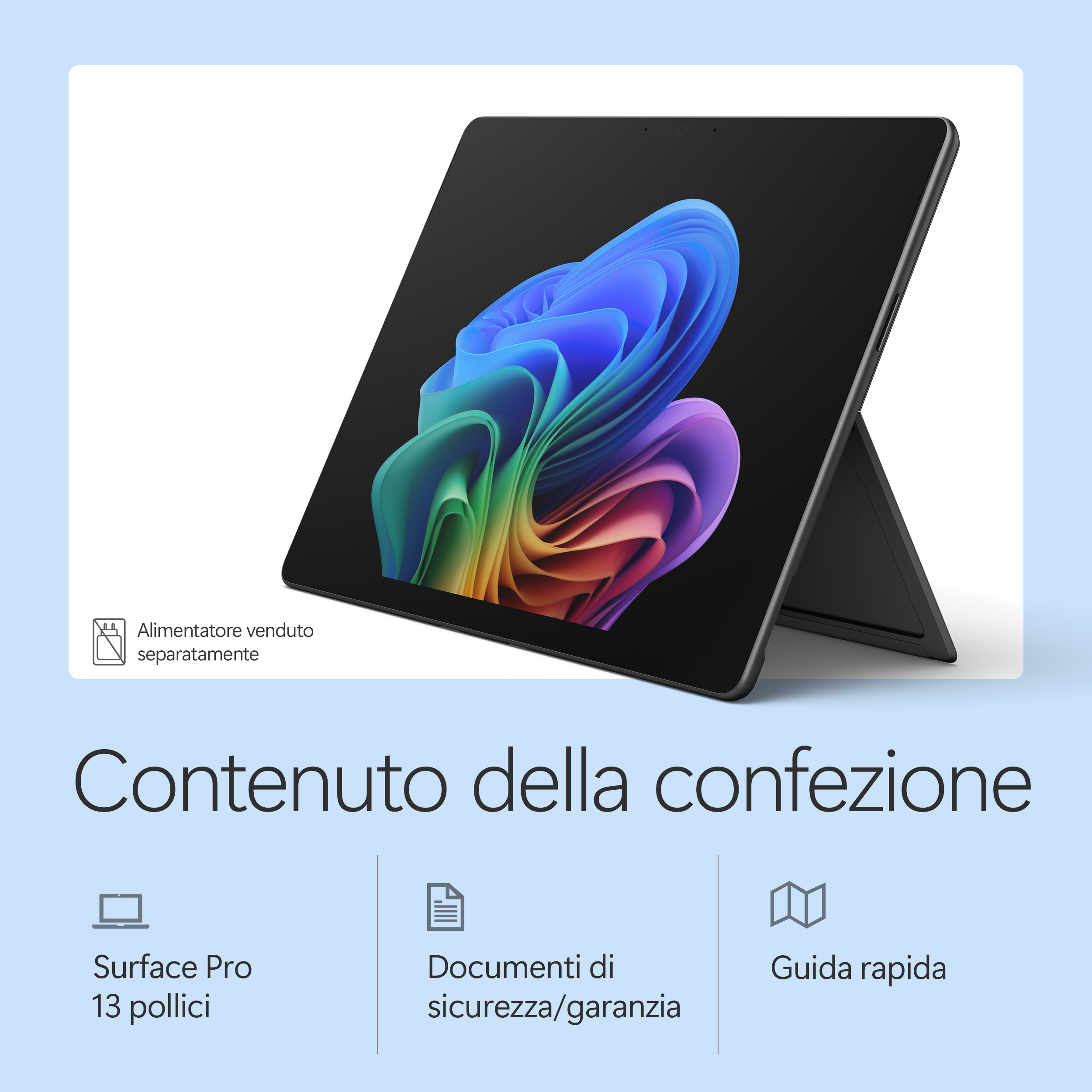 Tablet Surface Pro da 13 pollici con arte astratta colorata e note sugli accessori.