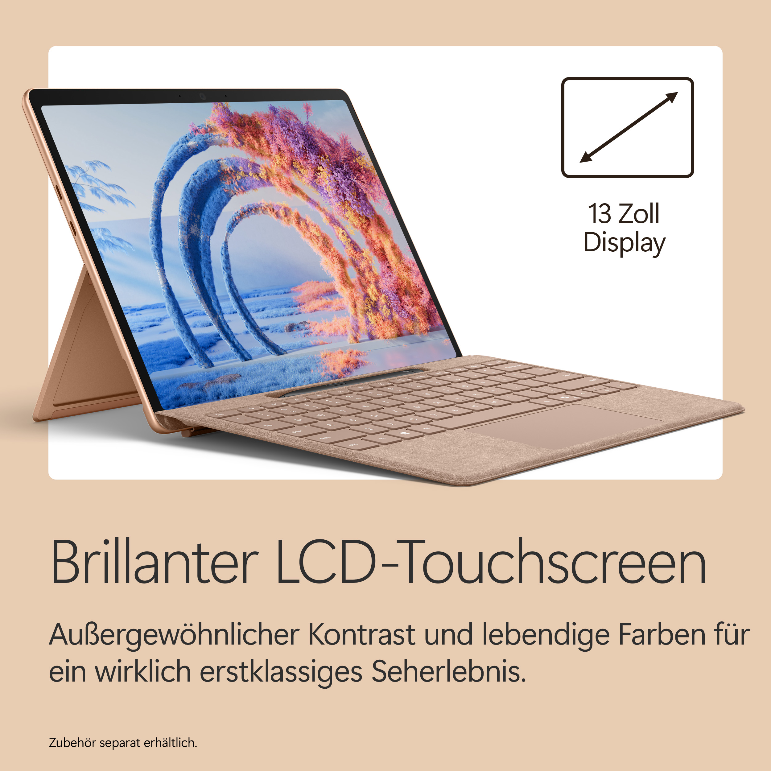 Ein goldener Laptop mit 13-Zoll-Touchscreen, der eine lebendige Landschaft zeigt.