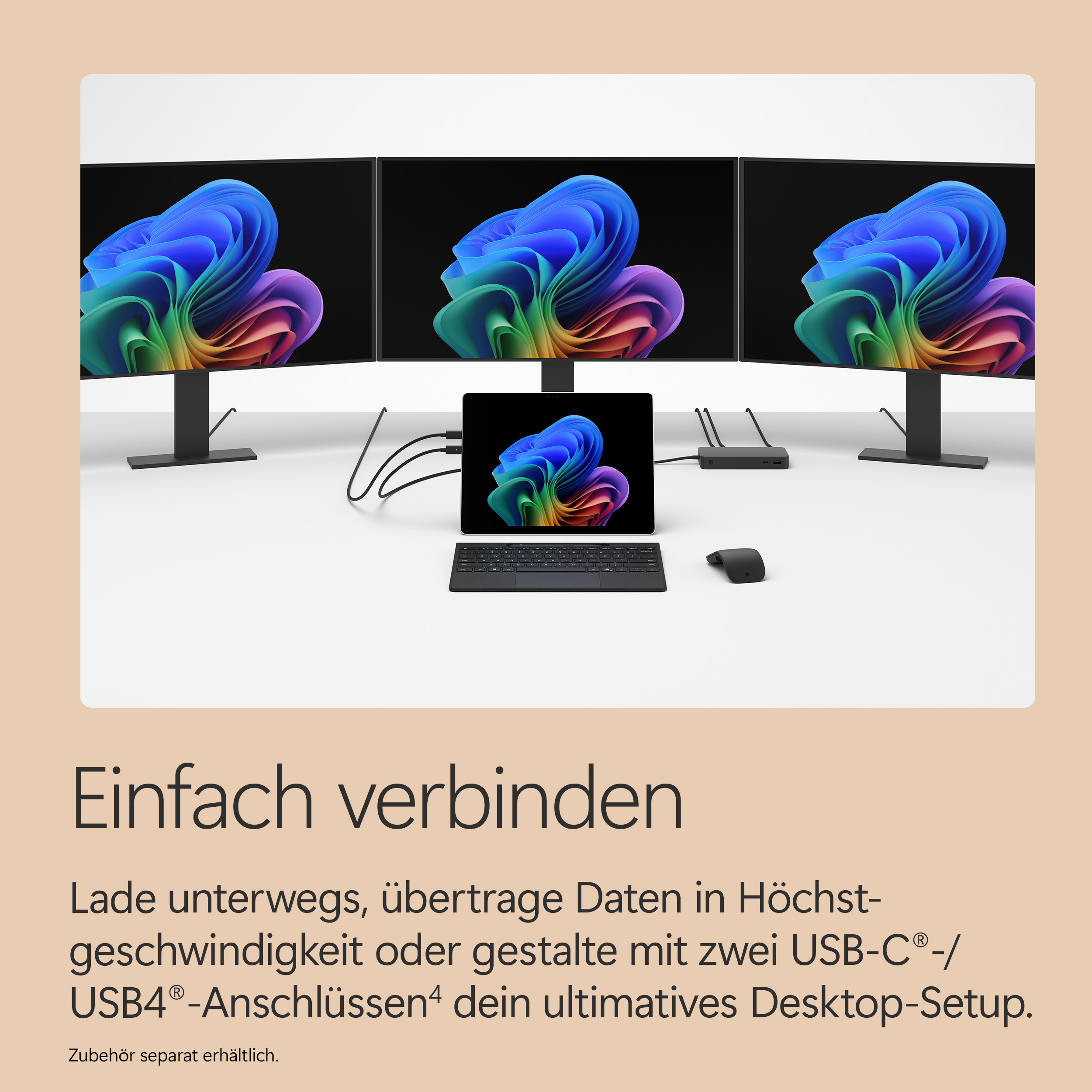 Drei Monitore, Tablet, Tastatur und Maus sind an einen Hub angeschlossen.
