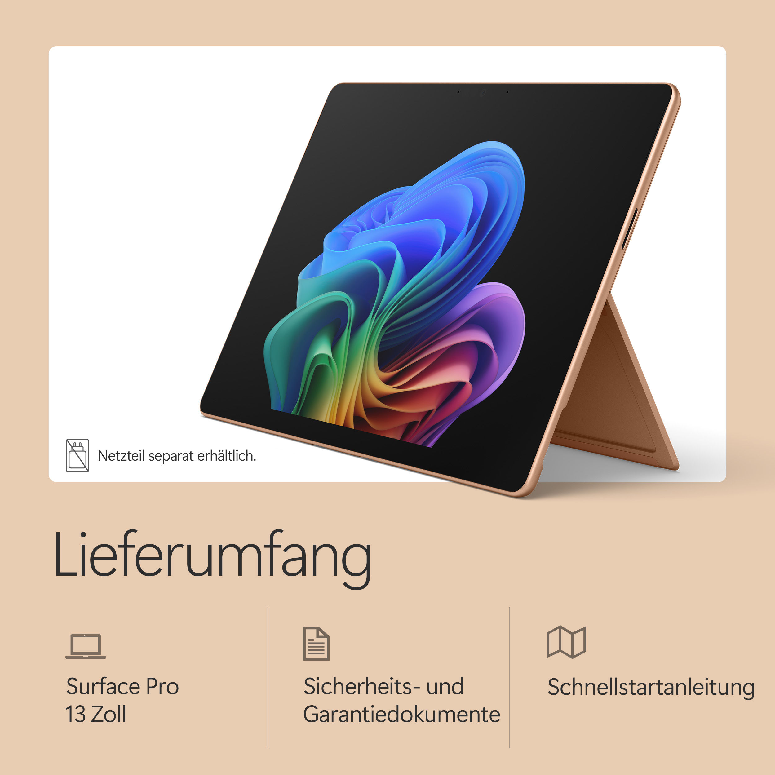 Ein goldener Laptop mit farbigem Hintergrundbild. Netzteil separat erhältlich.