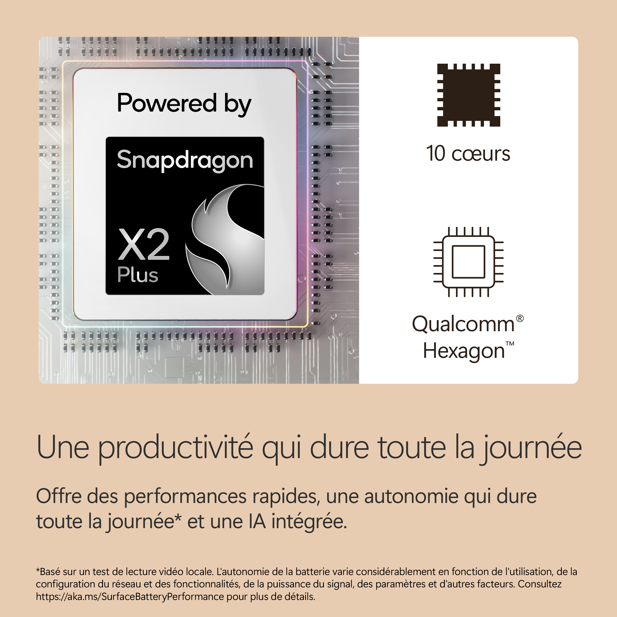 Puce Snapdragon X2 Plus avec 10 cœurs et processeur IA Hexagon.