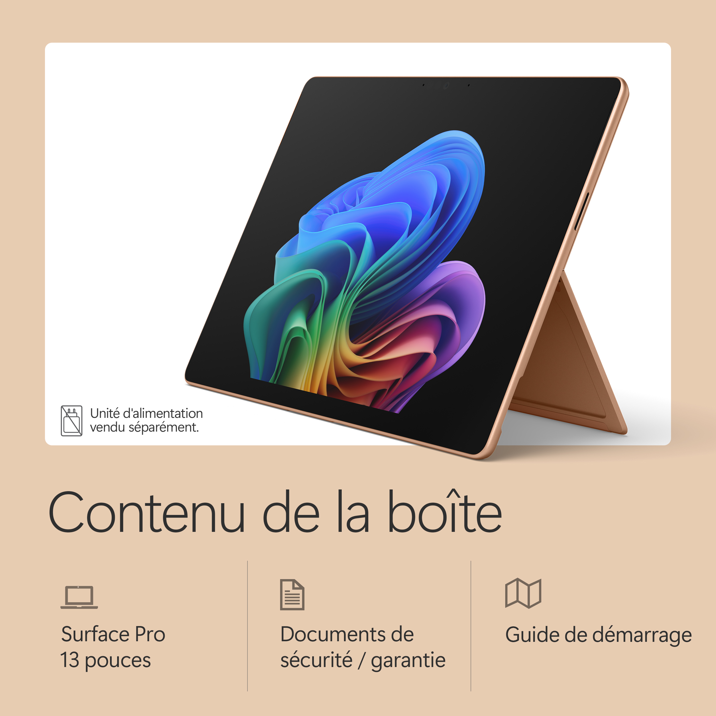 Une tablette Surface Pro 13 pouces avec fond d'écran coloré, alimentation vendue séparément.